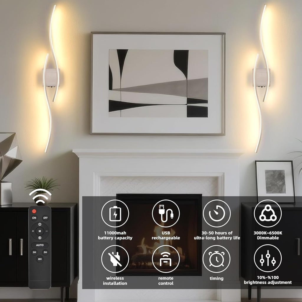 Battery Powered Wall Sconces Set of 2, Nickel 39' LED Dimmable Wall Sconce with Remote Control/Timer/Memory, USB Rechargeable Wall lights for Living Room, Bedroom, Hallway Wireless scones lighting