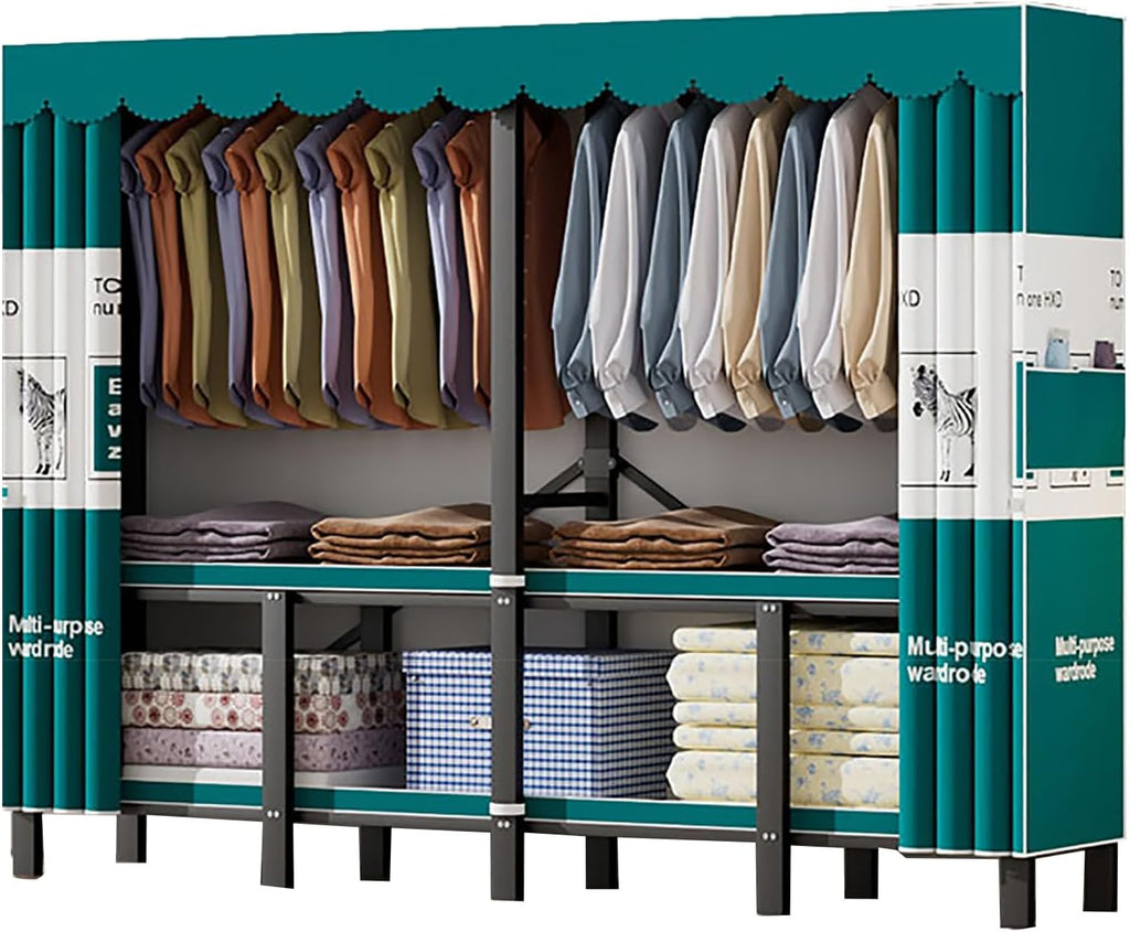 Heavy Duty Clothes Rack With Cover Foldable Wardrobe Closet For Hanging Clothing Metal Garment Rack Freestanding Covered Armoire For Bedroom(B,221cm/87in)