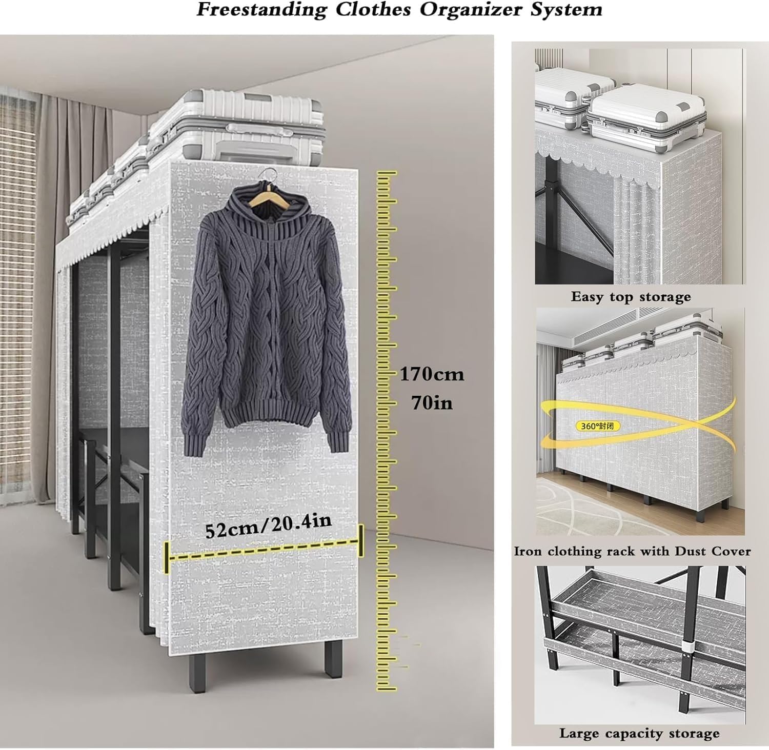 Metal Closet Rack, 59in Foldable Clothe Rack with Cover Heavy-Duty Portable Wardrobe Closet for Bedroom Armoires Freestanding Clothing Coat Storage Rack Garment Rack for Hanging Clothes