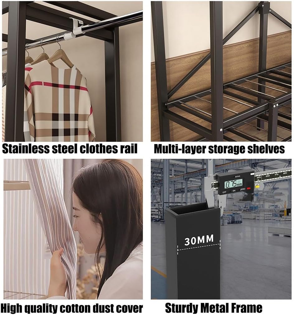 Heavy-Duty Portable Clothing Rack with Shelf, Foldable Garment Rack for Bedroom Wardrobe, Free Standing Clothes Storage Rack - Load 1100lb - Cotton Cover - Closet Organizer for Clothes