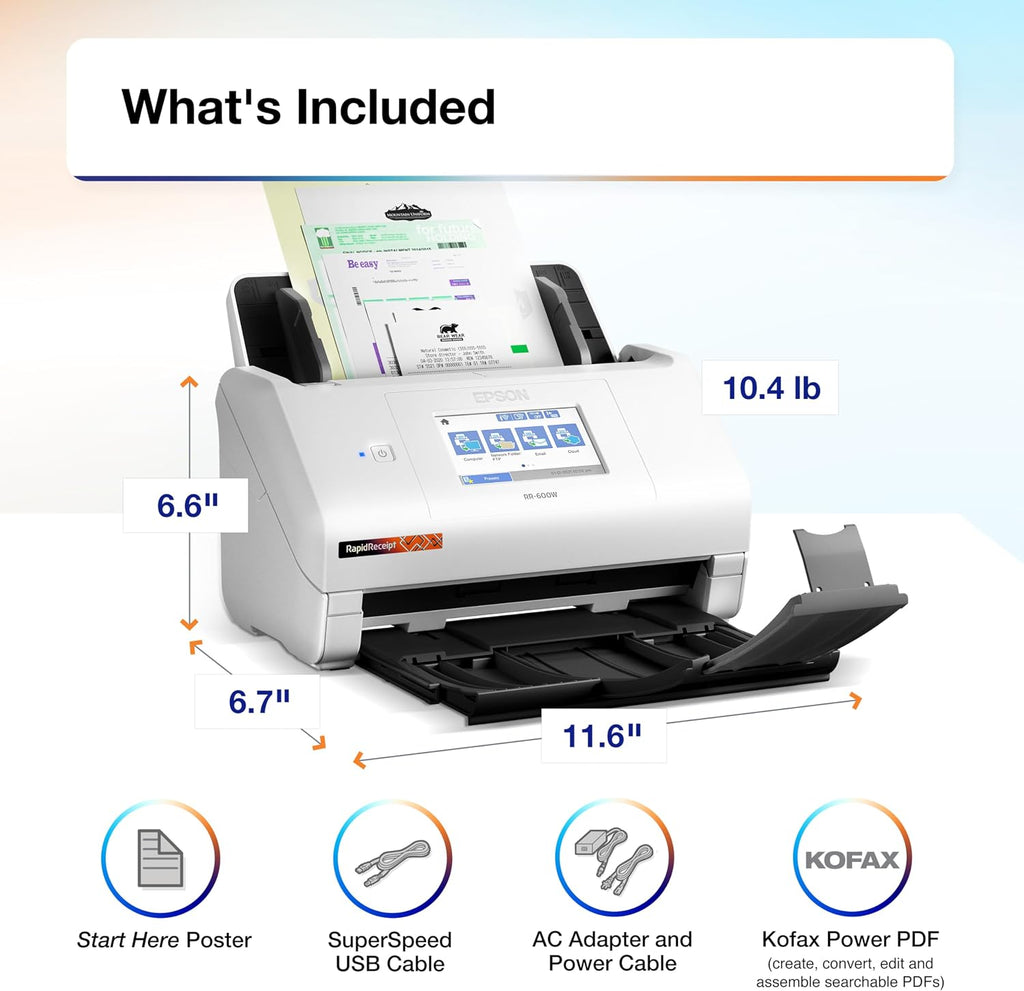 Epson RapidReceipt RR-600W Wireless Desktop Color Two-Sided Receipt and Document Scanner with ScanSmart AI PRO Receipt Management and PDF Software for PC and Mac, Touchscreen and 100 Page ADF