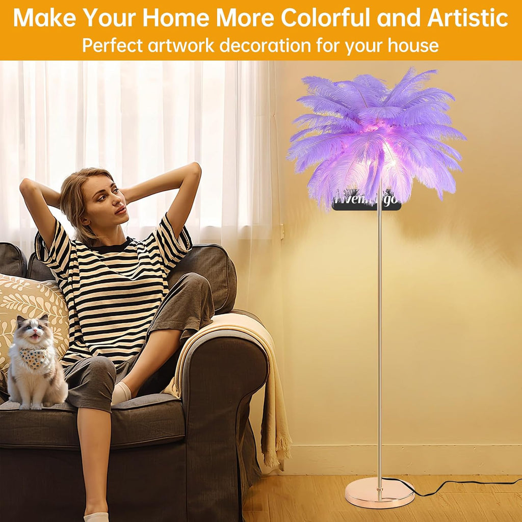 Feather Floor Lamp for Living Room, Fluffy Ostrich Feathers Lamp, Rose Gold Color Body, 3 Color Temperatures Modern Funky Tall Standing Lamp for Bedroom Inclued LED Bulbs (Light Purple)