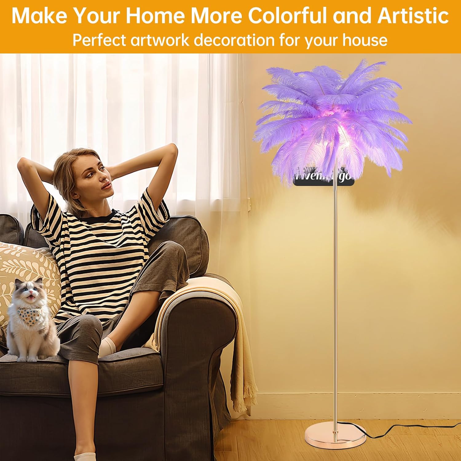 Feather Floor Lamp for Living Room, Fluffy Ostrich Feathers Lamp, Rose Gold Color Body, 3 Color Temperatures Modern Funky Tall Standing Lamp for Bedroom Inclued LED Bulbs (Light Purple)