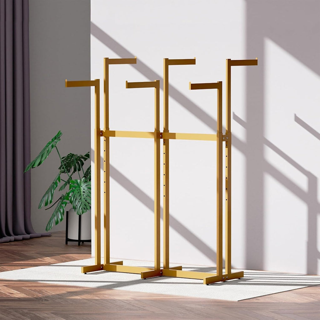 Clothing Racks - Metal Garment Racks for Retail Display Hanging Clothes, Heavy Duty Gold Commercial Clothing Display Rack with Wheels, FreeStanding (Gold