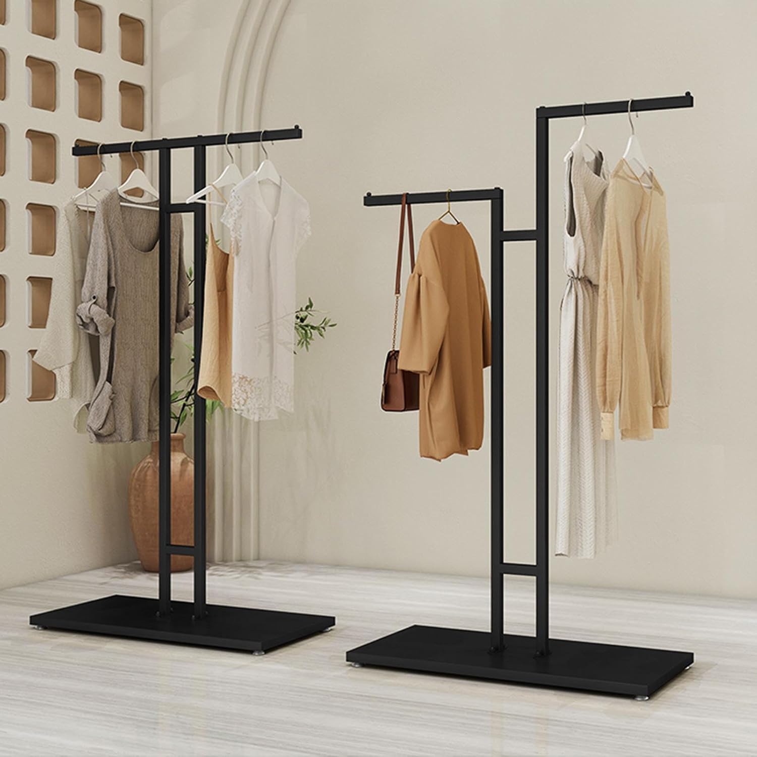 Modern Clothing Rack Freestanding Garment Hanger, Clothing Display Stand for Shops Retail Stores Home Storage, 2-Way Suit Shirt Clothing Rack,Gold-Style 2