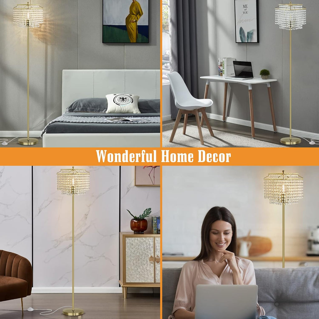 Luvkczc Tables Lamp and Floor Lamp Set, Crystal Table Lamp with USB Ports+Crystal Floor Lamps Set of 2, Morden Lamps for Living Room, Bedroom, Office (Gold)