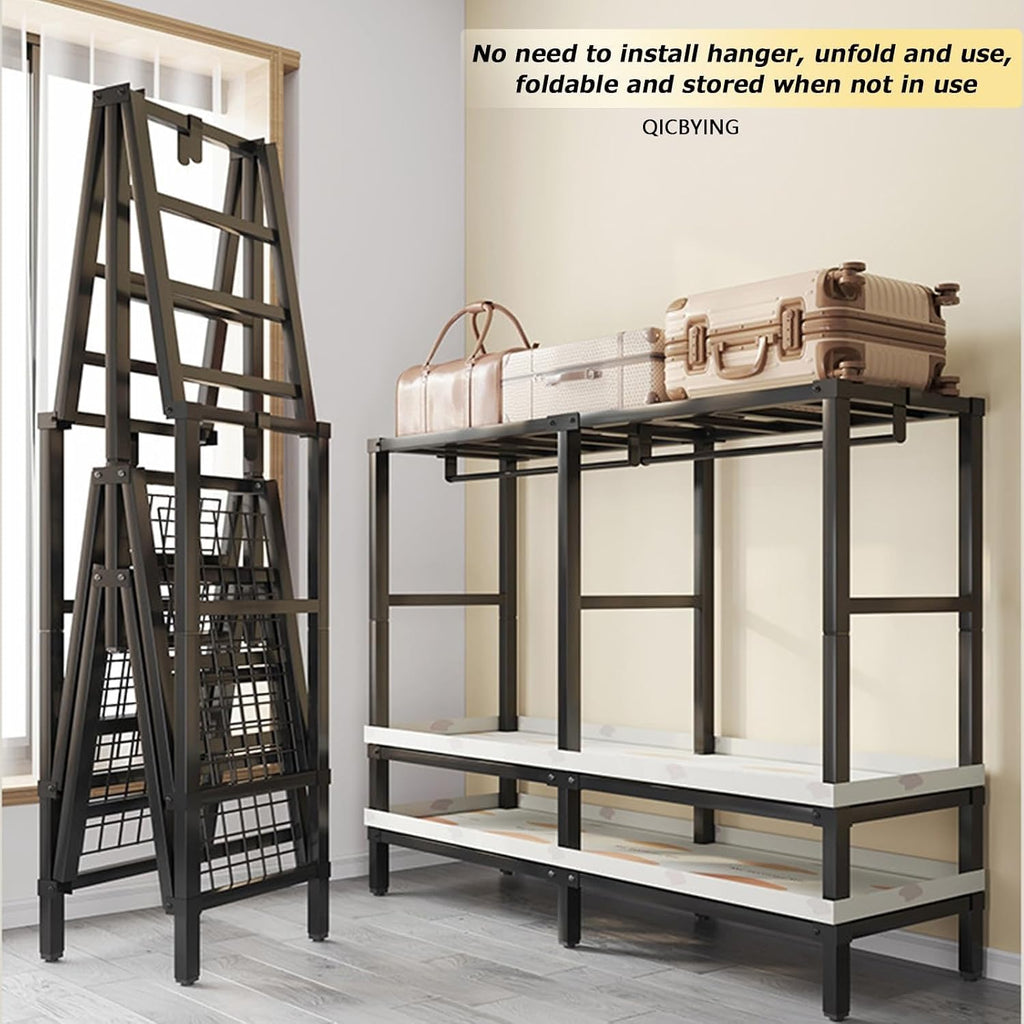 Wardrobe Storage Closet - Heavy Duty Rolling Garment Rack With Cover, Foldable Clothing Rack For Hanging Clothes, Portable Freestanding Closets Wardrobe , Metal Armoires, Max 2000lbs(Size:203*52*180cm
