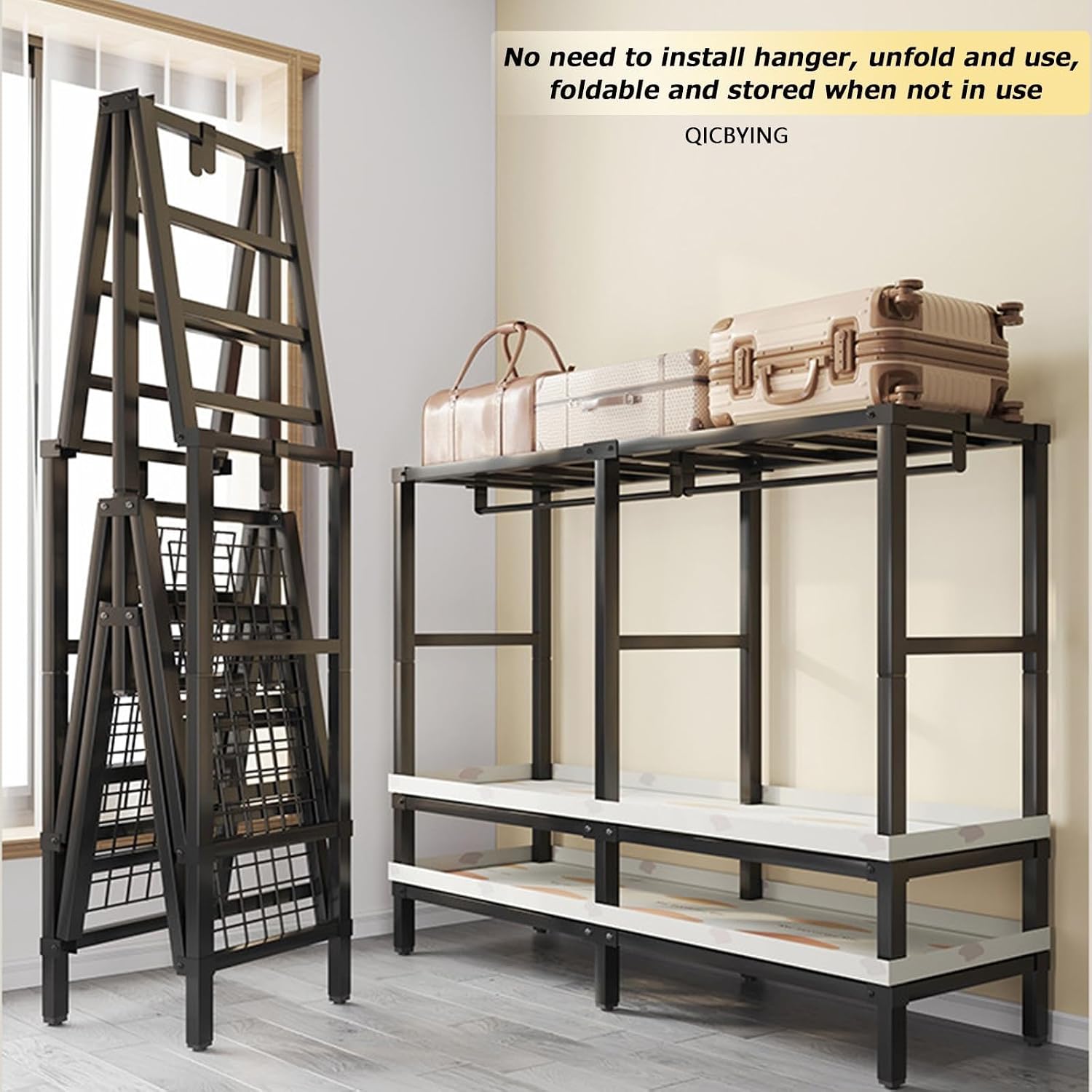 Wardrobe Storage Closet - Heavy Duty Rolling Garment Rack With Cover, Foldable Clothing Rack For Hanging Clothes, Portable Freestanding Closets Wardrobe , Metal Armoires, Max 2000lbs(Size:150*52*180cm