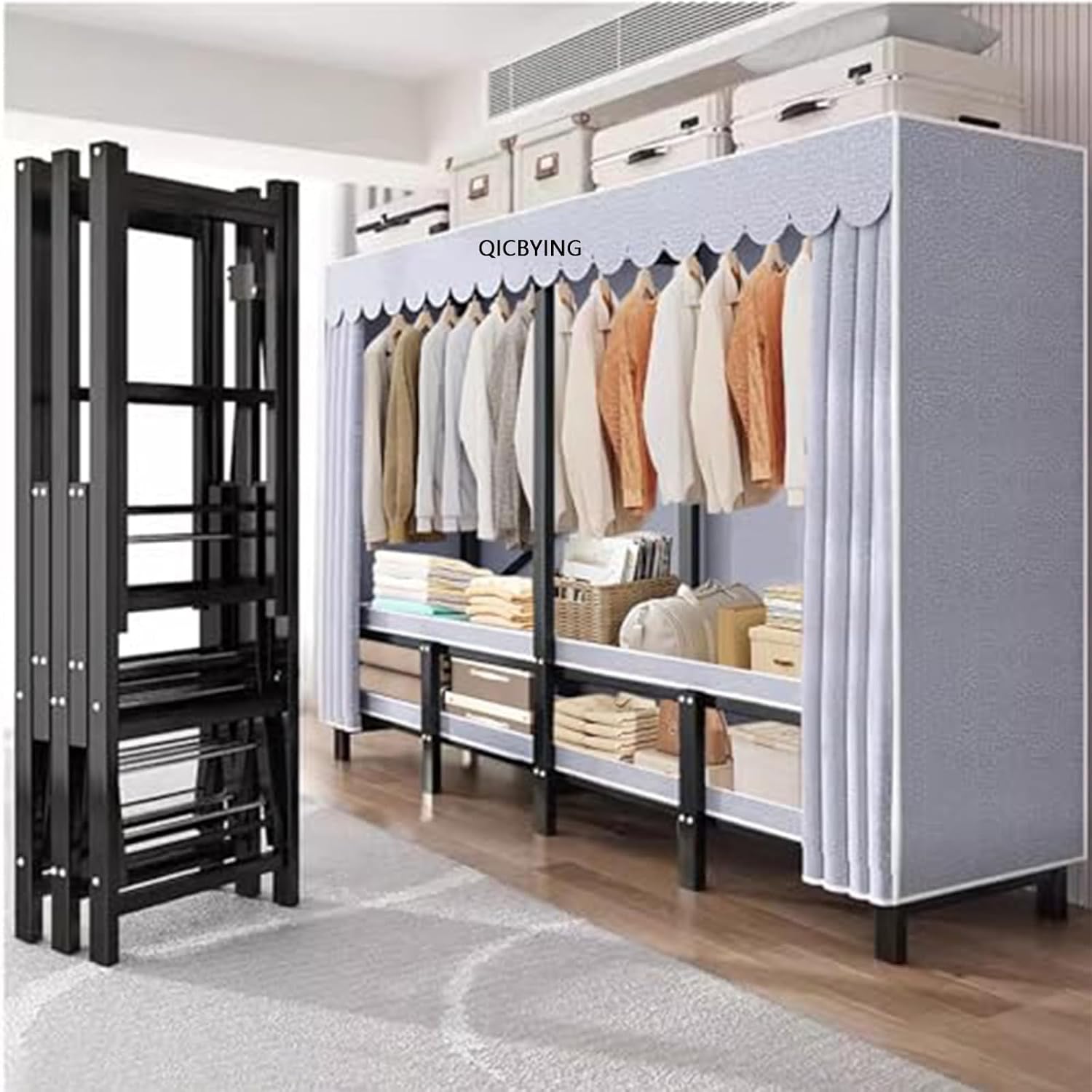 Portable Wardrobe Closet Rack, Heavy-Duty Foldable Garment Rack With Cover，Freestanding Clothes Organizer System,enclosed Curtain Armoires For Hanging Clothes For Bedroom ( Size : 190*50*170cm )