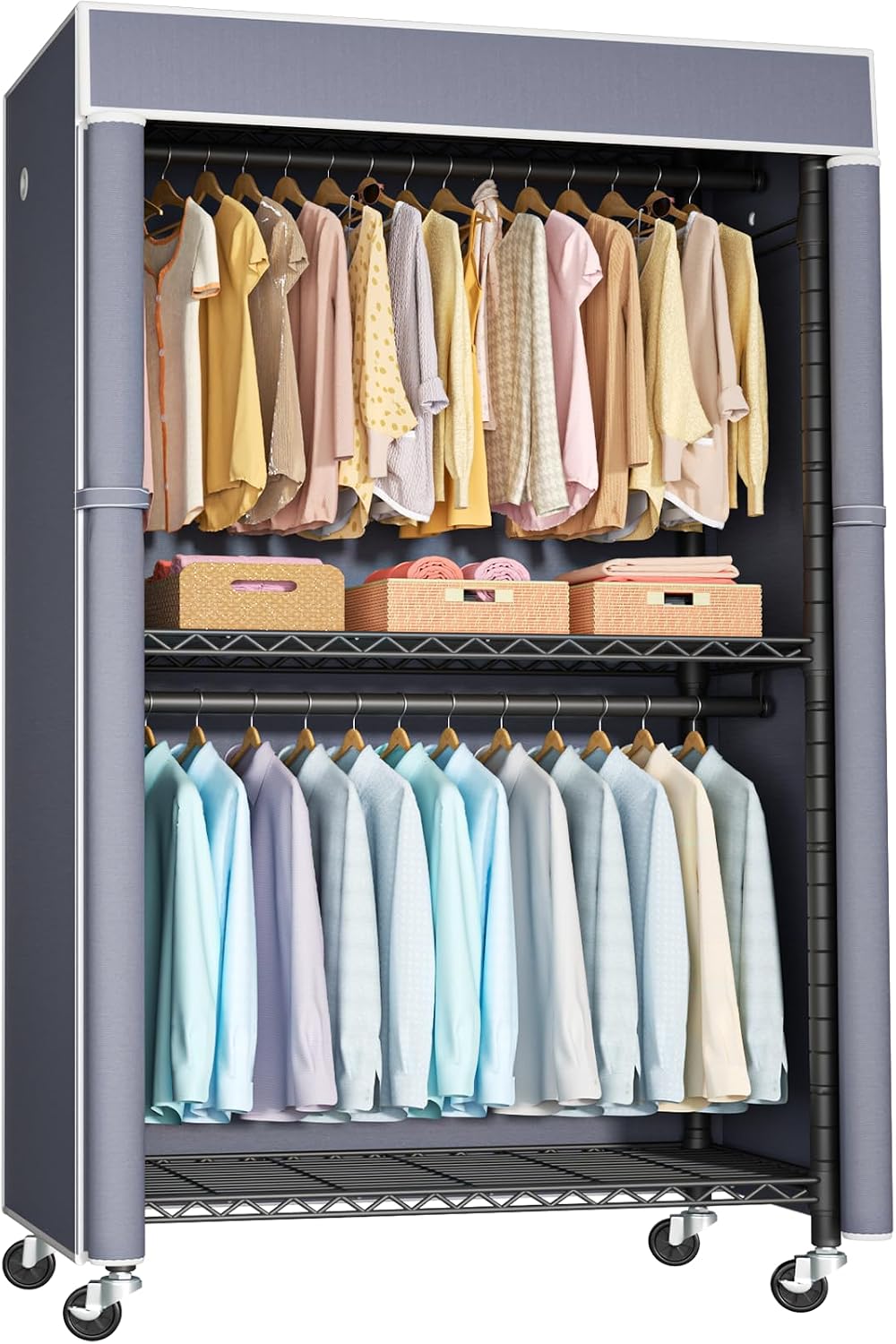 FUTASSI Black Clothing Rack with Grey Cover, P1C Rolling Closets with Wheels, Metal Garment Rack for Hanging Clothes, Clothing Storage Wardrobe, 36.2' W x 16.5' D x 80.5' H, Load 450 Pounds