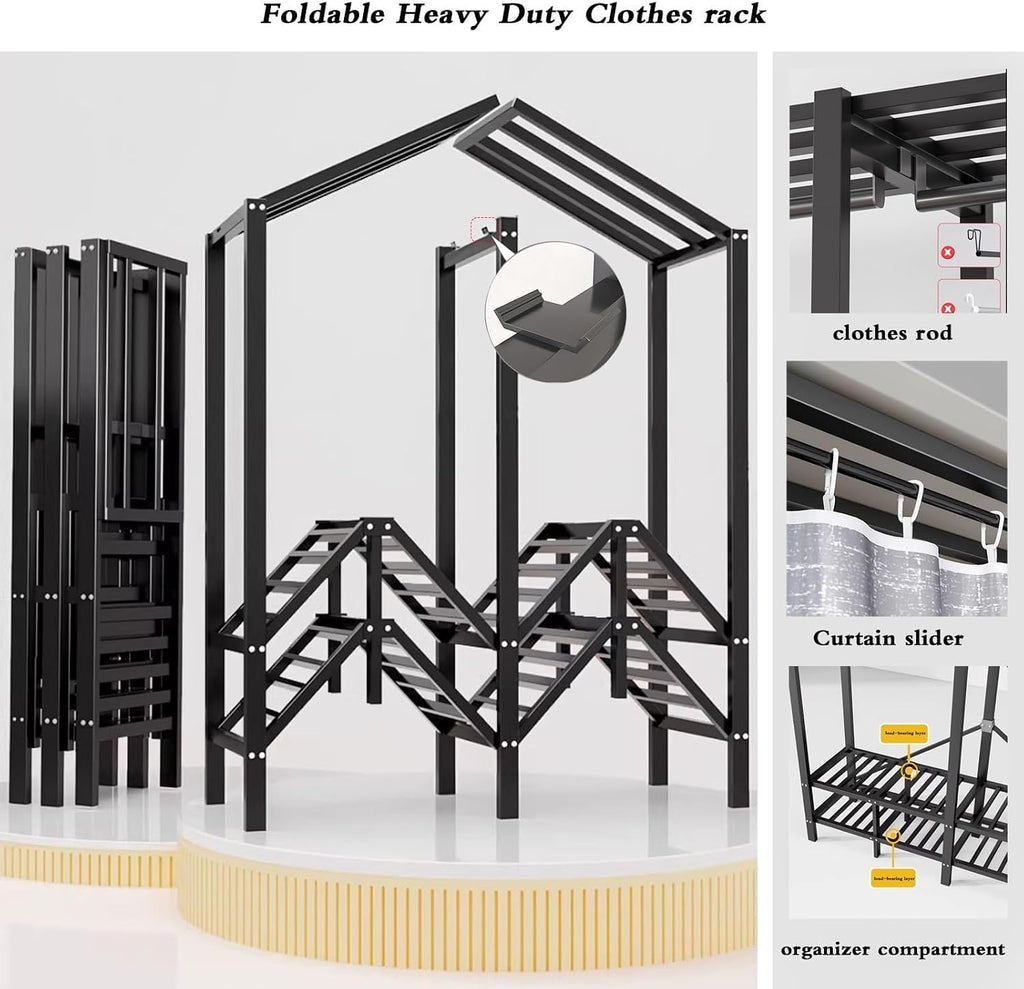 Wardrobe Closet - Collapsible Heavy Duty Portable Closet Wardrobe Clothes Rack With Cover, 1200Ibs Freestanding Metal Clothing Rack, With 2 Hang Rods, 4 Shelves Adjustable Closet Rack(125*52*180cm)