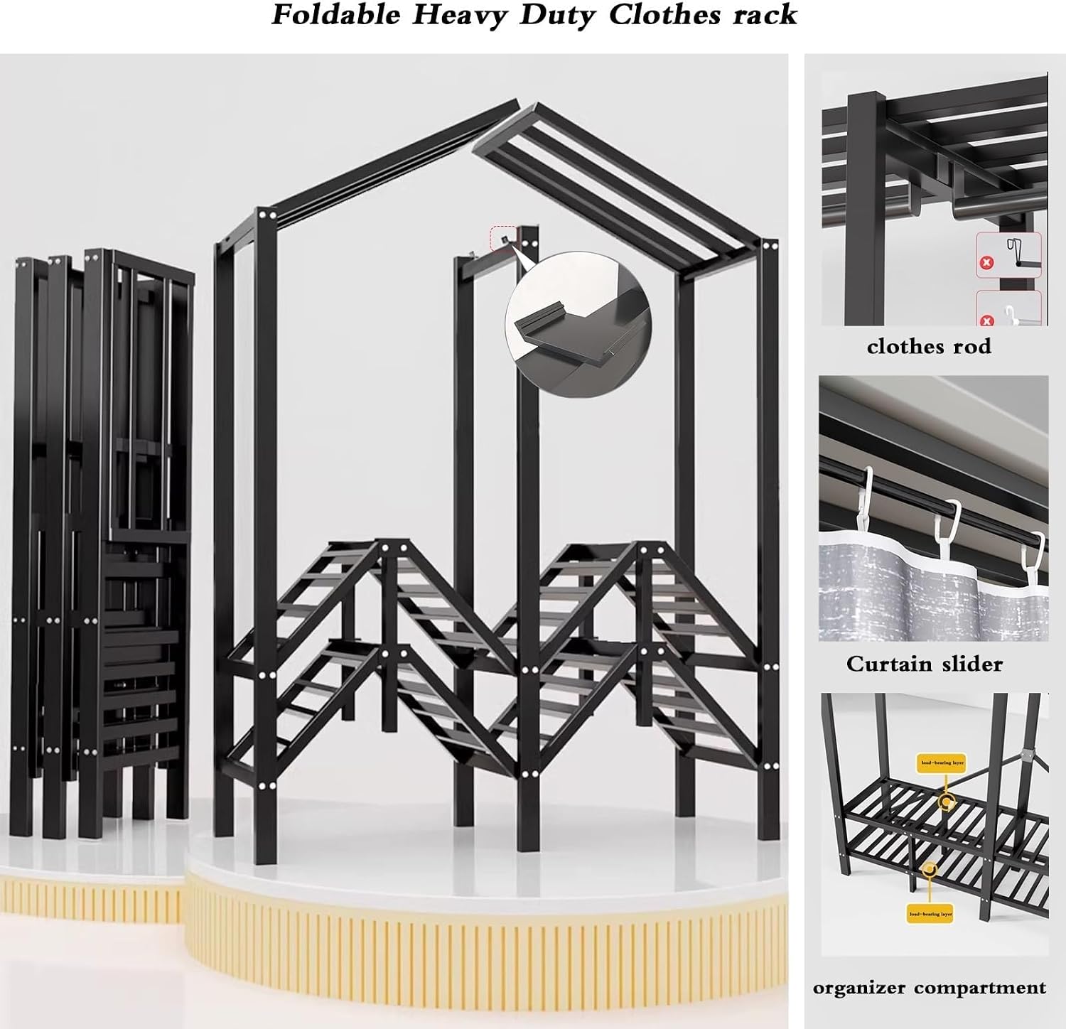 Wardrobe Closet - Collapsible Heavy Duty Portable Closet Wardrobe Clothes Rack With Cover, 1200Ibs Freestanding Metal Clothing Rack, With 2 Hang Rods, 4 Shelves Adjustable Closet Rack(125*52*180cm)