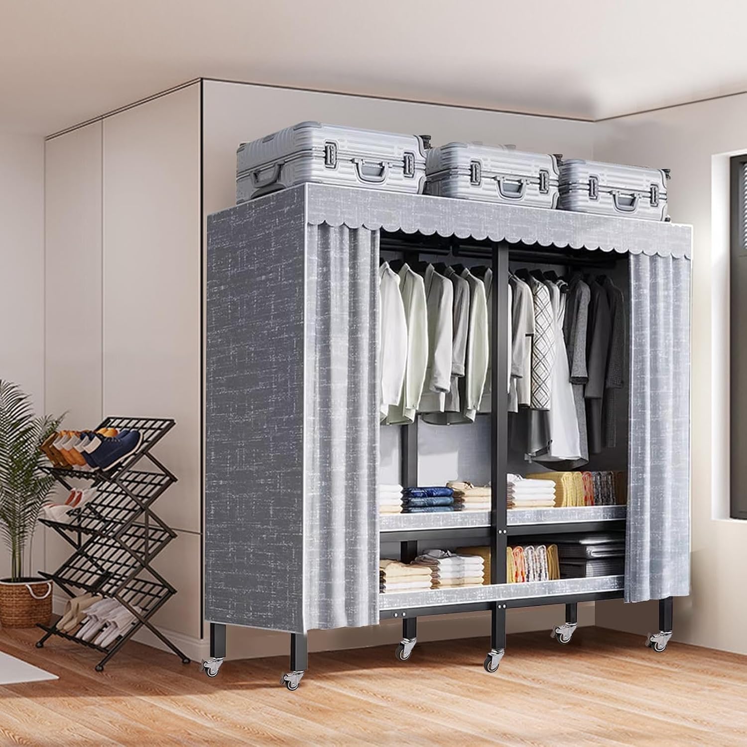 Heavy Duty Rolling Garment Rack With Cover, Width 20.47in，max 2000lbs, Foldable Clothing Rack For Hanging Clothes, Portable Freestanding Closets Wardrobe , Metal Armoires,multiple Sizes(150*52*180cm)