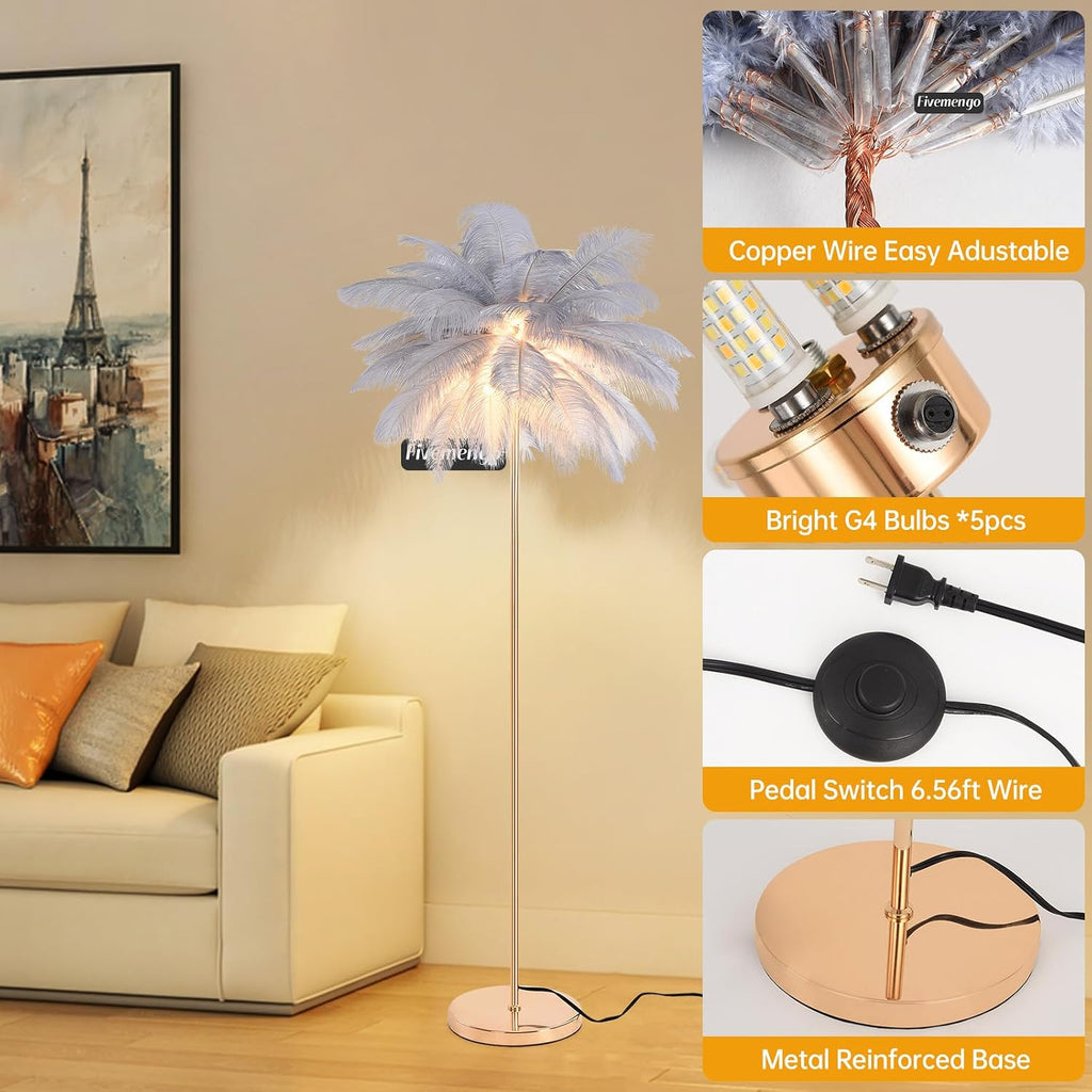 Feather Floor Lamp for Living Room, Fluffy Ostrich Feathers Lamp, Rose Gold Color Body, 3 Color Temperatures Modern Funky Arc Tall Standing Lamp for Bedroom Inclued Bright LED Bulbs (Grey)