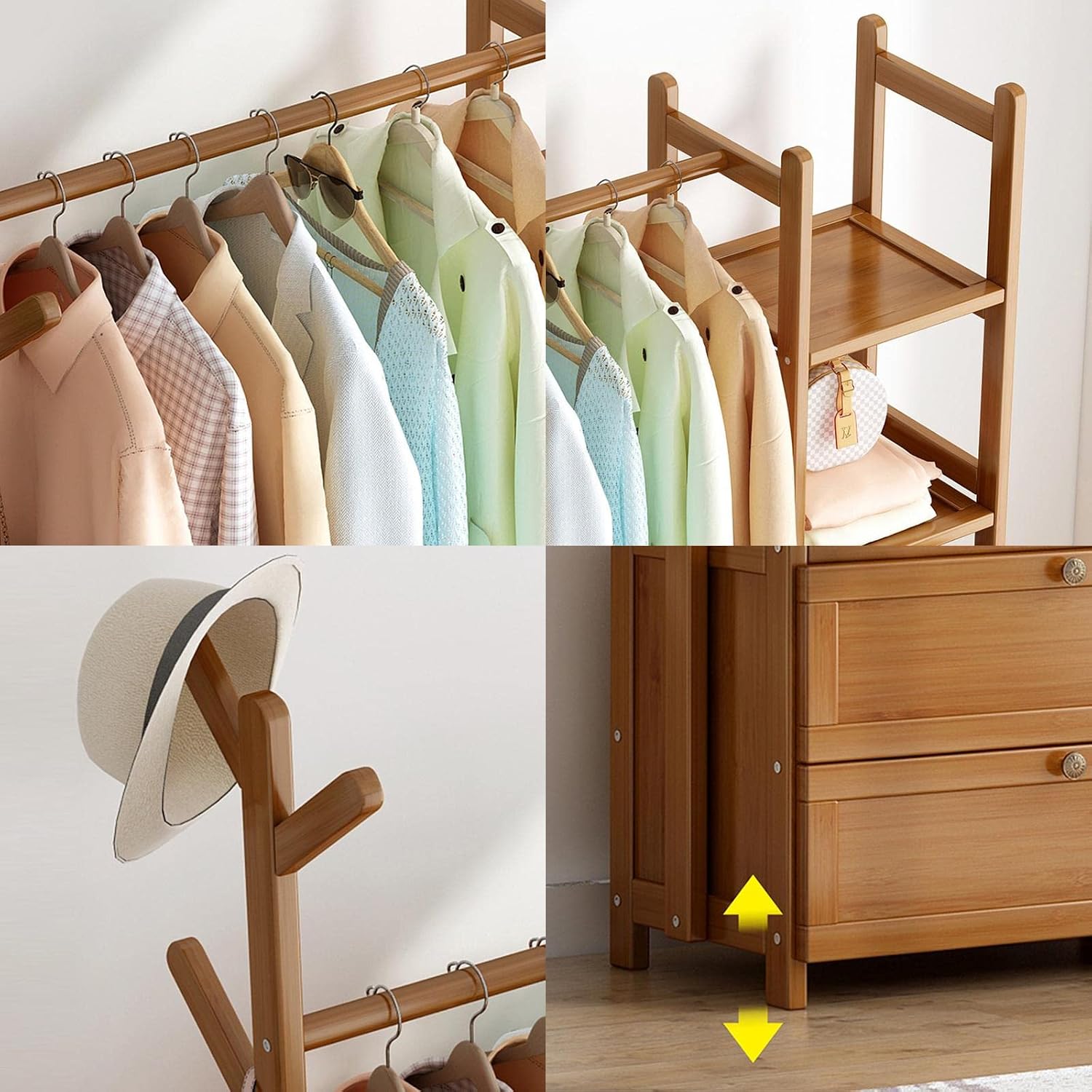 Bamboo Clothes Rack with 2 Storage Shelves and 6 Hooks Portable Extra Large Freestanding Garment Rack for Bedroom and Living Room 70x37x146cm