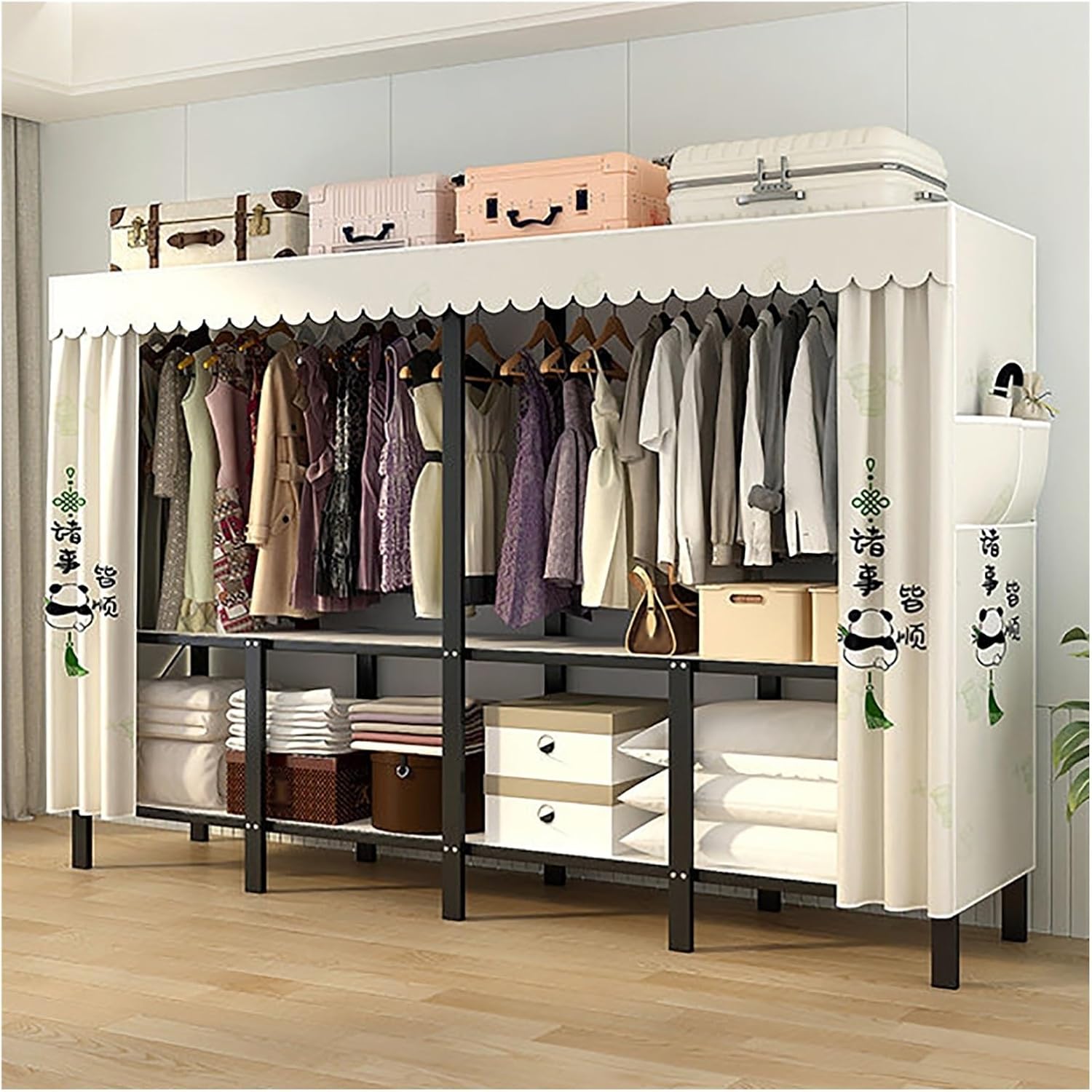 Foldable Wardrobe Closets Heavy Duty Garment Rack With Cover Metal Clothing Racks Freestanding Covered Clothes Rack Organizer Enclosed Armoires For Bedroom(B,168x45x170cm/66x18x67inch)