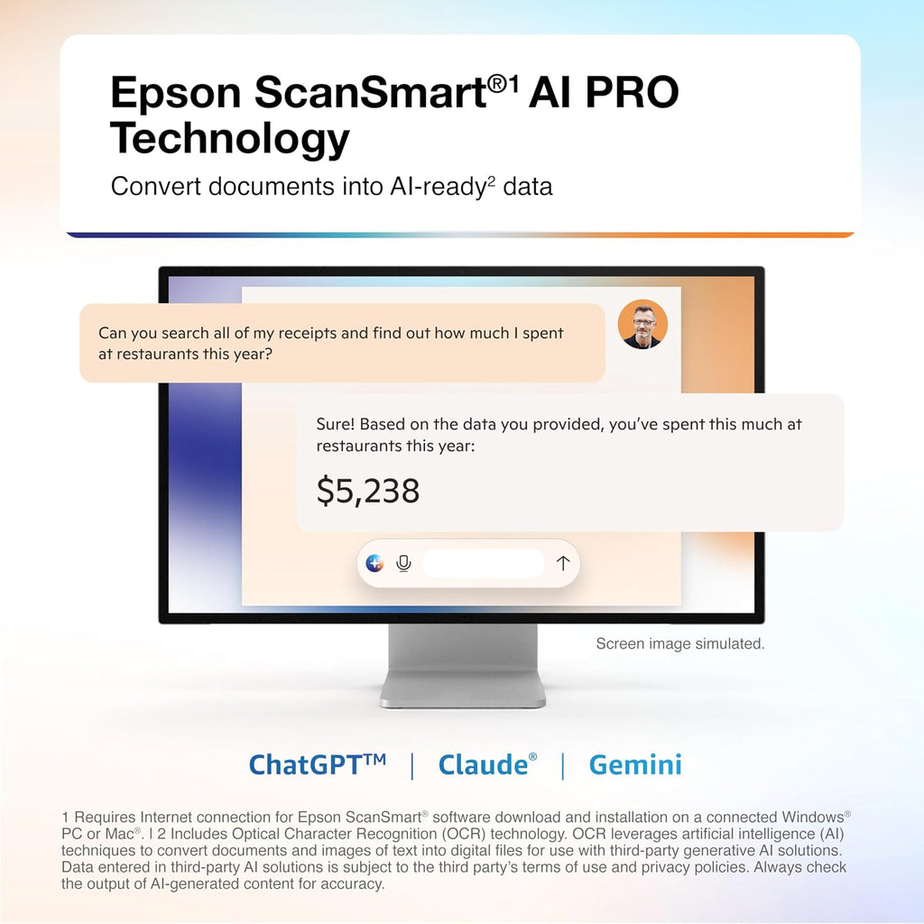 Epson RapidReceipt RR-620W Wireless & USB High-Speed AI & Cloud Ready Desktop Color Duplex Receipt & Document Scanner for Mac & PC, up to 45 ppm, 4.3' Color Touchscreen, 100-Page Auto Document Feeder