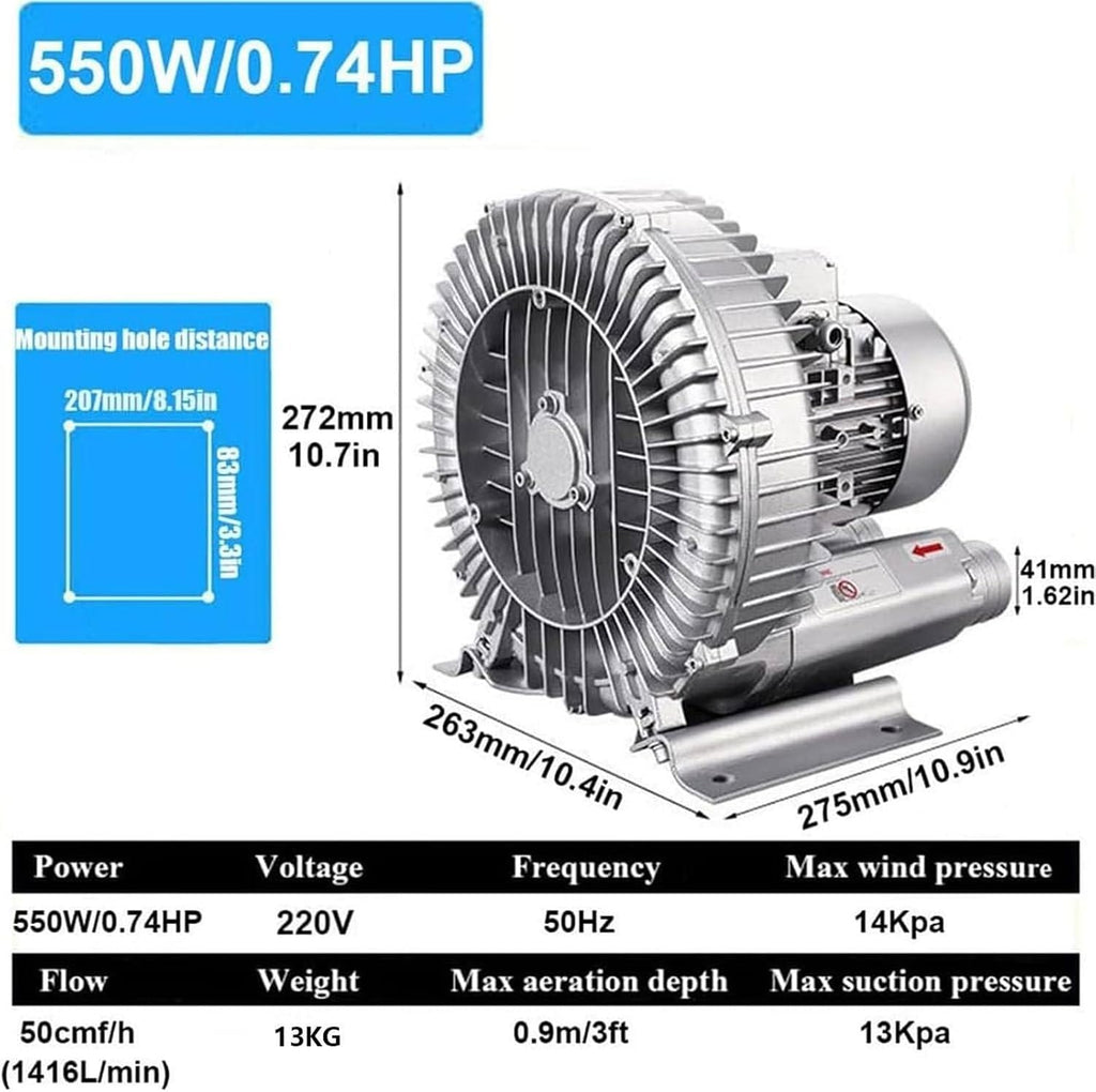 High-Pressure Industrial Vacuum Pump, Regenerative Blower 120W-1100W for Air Blowing or Suction, Low Noise Sewage Aeration Vortex Blower, Single Phase