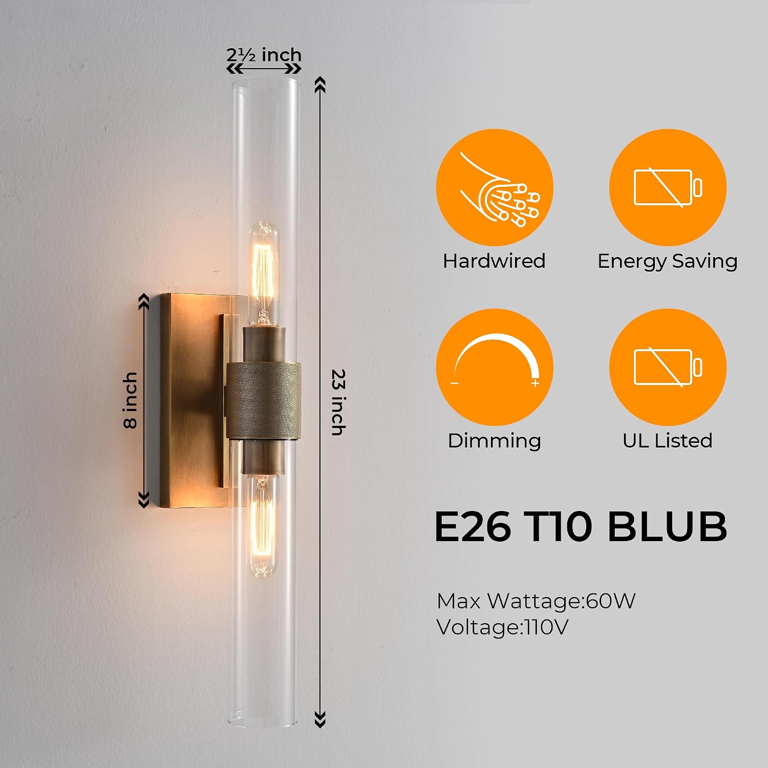 23' Brass Wall Sconces Set of 2, Vintage Wall Light Fixture with Clear Glass Shade, Luxury Hardwired Retro Wall Sconce for Bathroom Vanity, Living Room, Bedroom, Hallway Tube Indoor Sconce