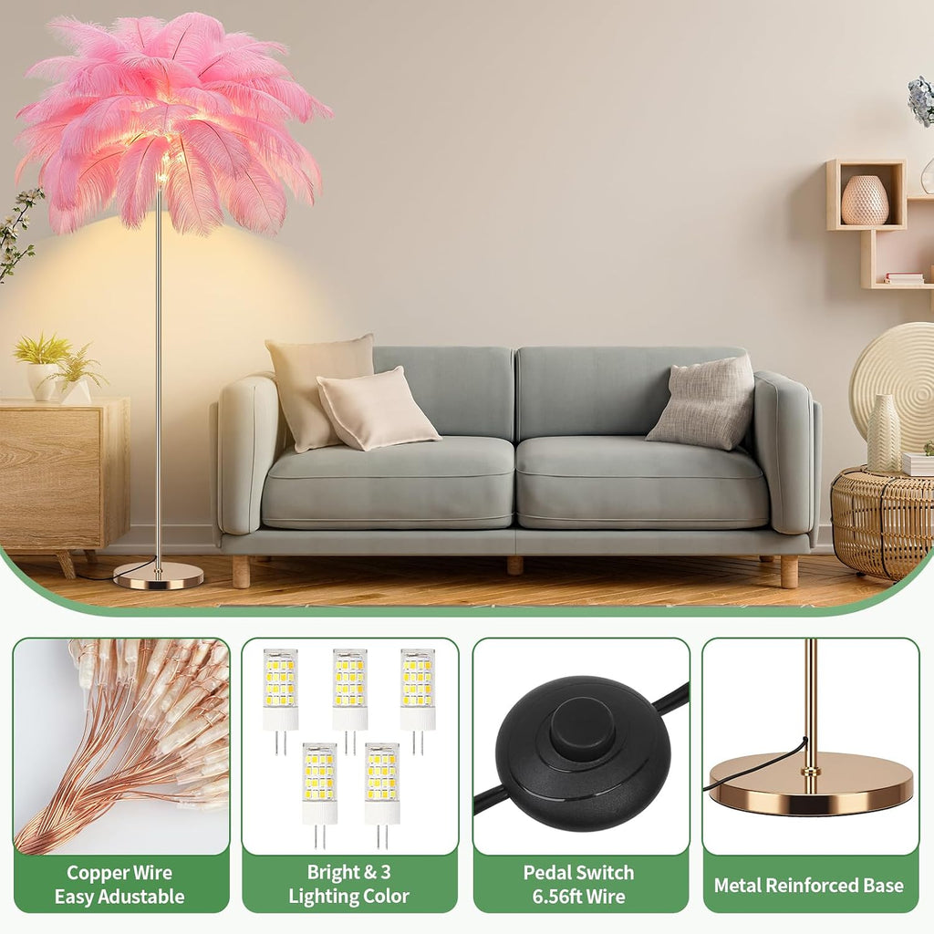 Feather Floor Lamp for Living Room, Fluffy Ostrich Feathers Lamp, Rose Gold Color Body, 3 Color Temperatures Modern Funky Arc Tall Standing Lamp for Bedroom Inclued Bright LED Bulbs (Pink)