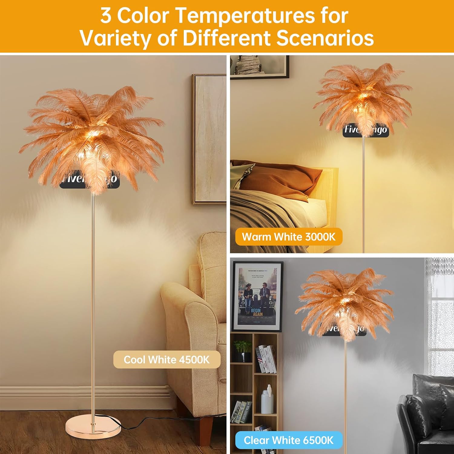 Feather Floor Lamp for Living Room, Fluffy Ostrich Feathers Lamp, Rose Gold Color Body, 3 Color Temperatures Modern Funky Arc Tall Standing Lamp for Bedroom Inclued Bright LED Bulbs (Brown)