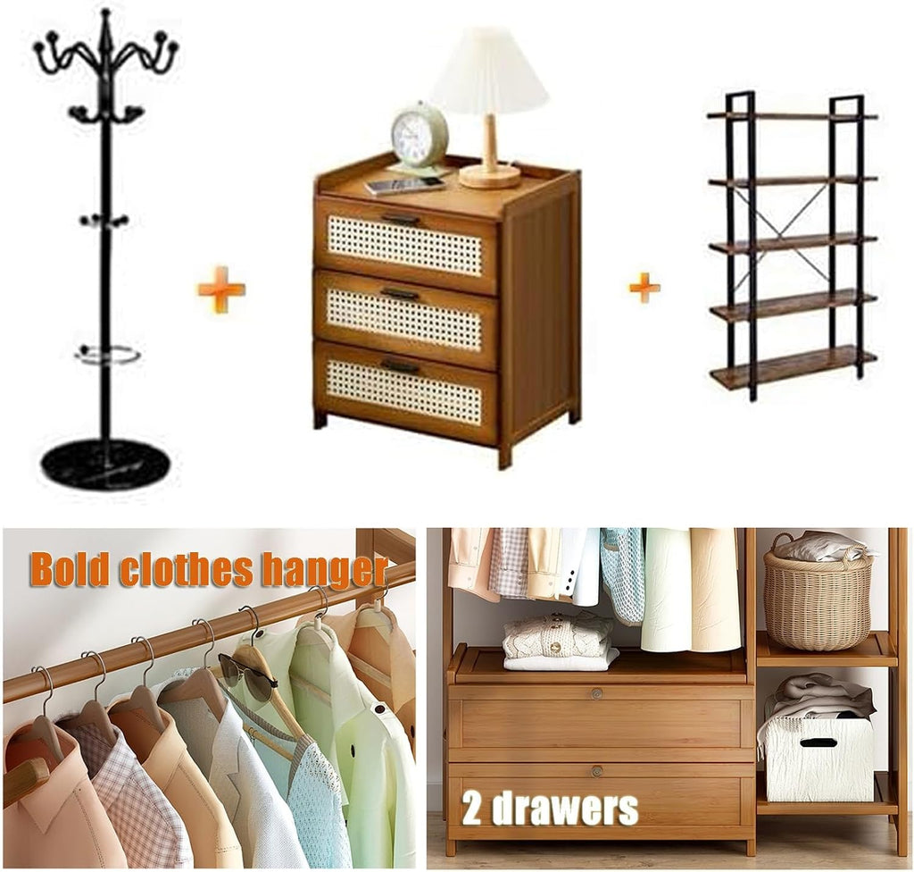 Bamboo Coat Rack with Double Drawer Storage 4 Shelves and Multi Functional Clothing Rails Freestanding Garment Rack for Bedroom nization Walnut Color Size: XXL