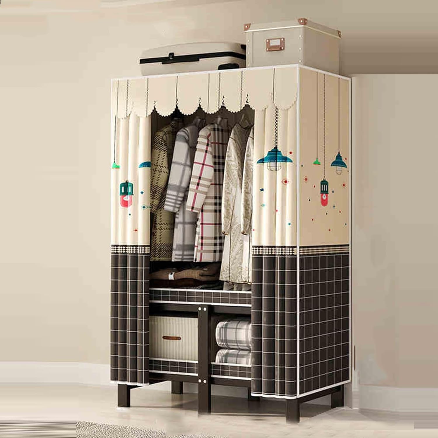 Portable Closet Wardrobe,Closet Storage Organizer with Shelves and Cover,Freestanding Coat Storage Garment Racks,Easy Assembly(Style 2)