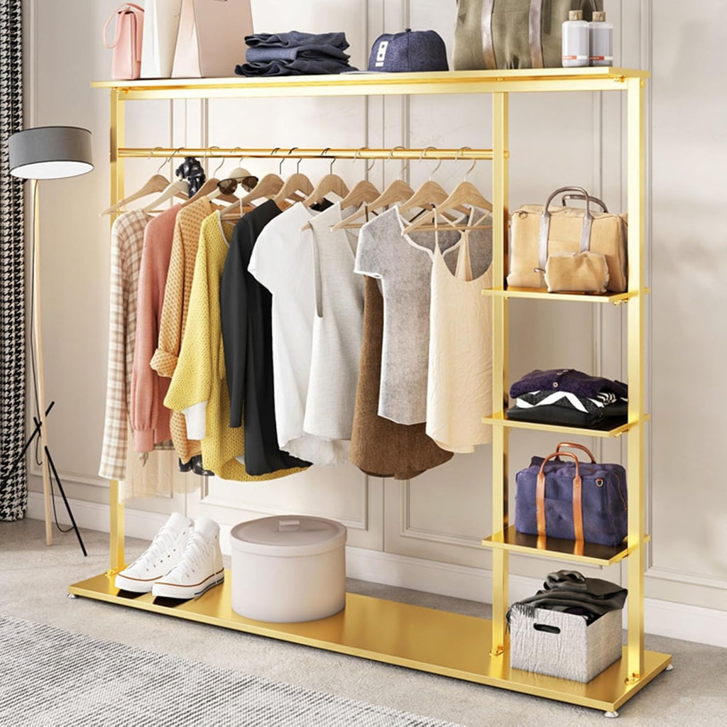 Garment Rack with Shelf, Hangers Display Stand, Metal Clothing Rack Free Standing Closet Organizer with 5 Tier Shelf,Large Clothing Display Stand for Home, Clothing Store(Gold