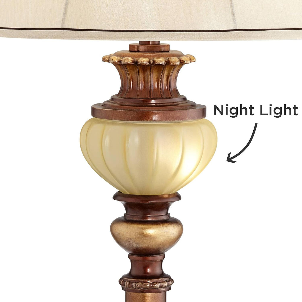 Kathy Ireland Hyde Park Rustic Vintage Floor Lamps Set of 2 with Nightlight Glass Tray 65' Tall Bronze Gold Pearl White Frosted Glass Fabric Bell Shade for Living Room Reading House Bedroom