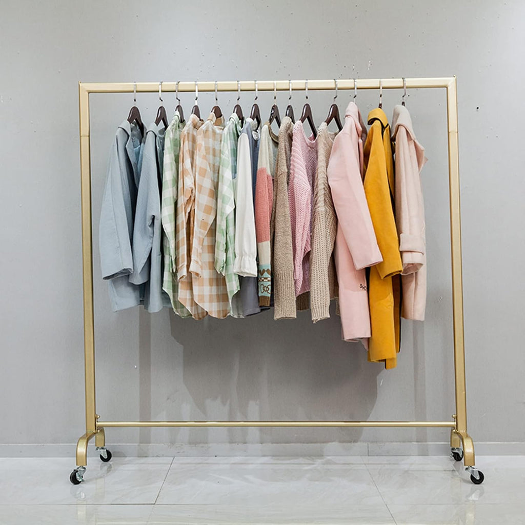 Heavy duty Garment rack Modern Clothes Rail On Wheels, Gold Metal Clothing Rack For Hanging Clothes, Freestanding Hangers For Bedrooms And Boutiques, Commercial Grade Single Rail Coat Rack ( 150X40X1