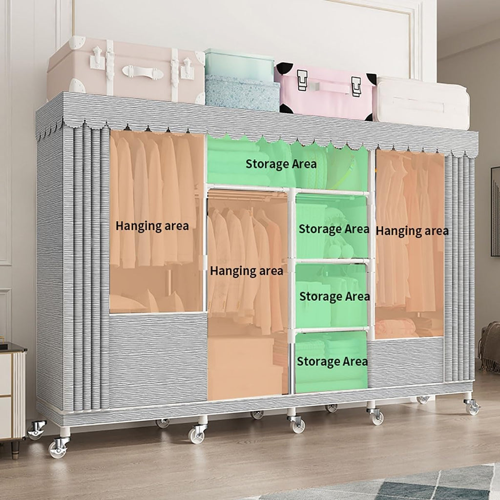 Extra Large Wardrobe Closet With Wheels Heavy Duty Metal Garment Rack Free-Standing Rolling Clothes Rack With Cover For Bedroom (Color : A, Size : 200x45x170cm)