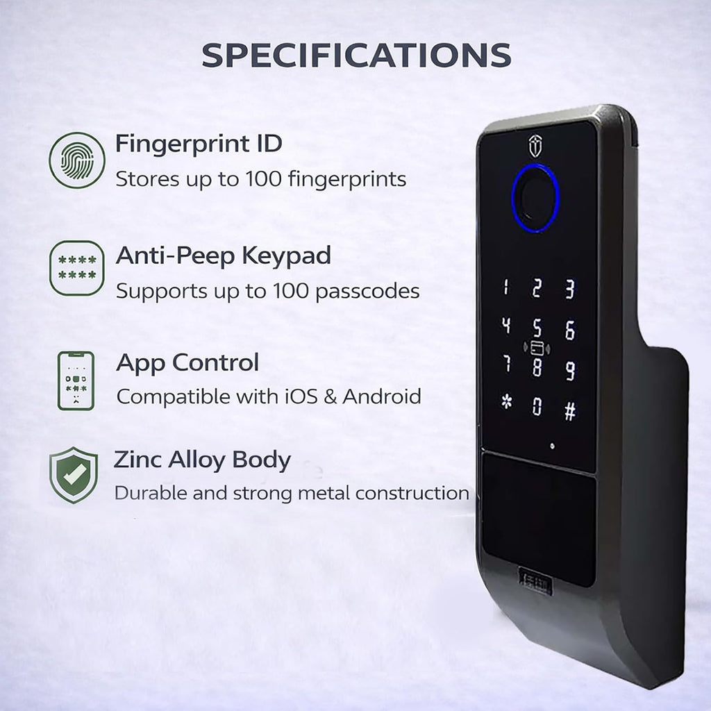 Zonixtec Waterproof Smart Rim Gate Lock, Biometric Fingerprint & Keypad Outdoor Electronic Lock, Tuya App Remote Control, Surface-Mounted Latch for Fence, Yard, Garden, Garage, Shed, Anti-Peep