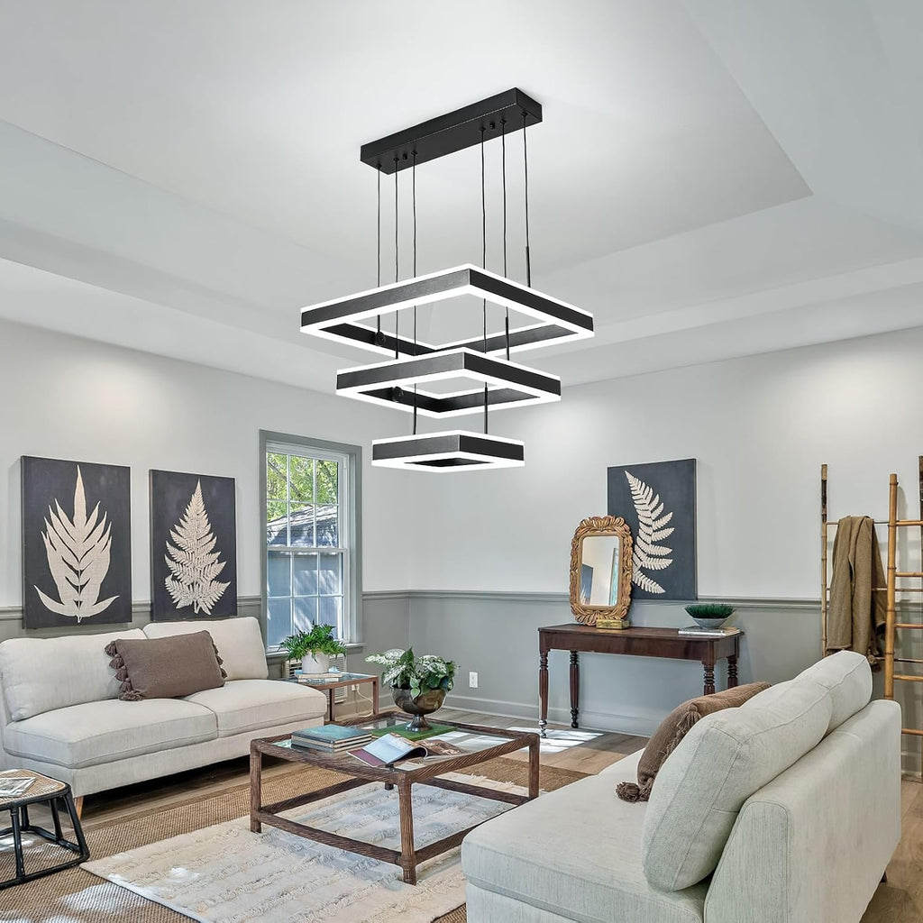 O'NEELDY LED Pendant Light Fixture, 20.47'' Modern Chandelier Square Rings Adjustable Height Black Pendant Lighting 3 Lights Kitchen Island Chandeliers for Dining Room, 6000K