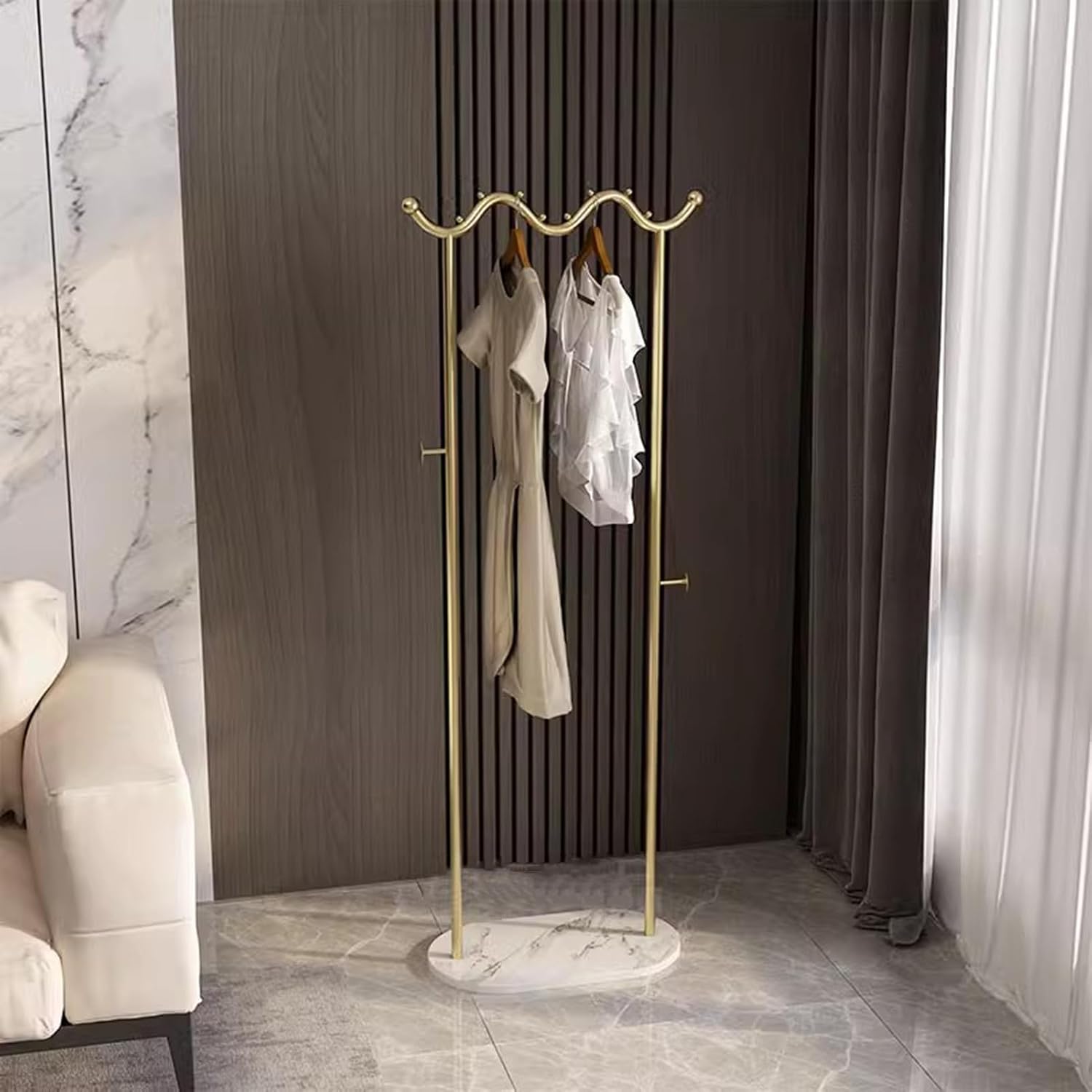 Heavy Duty Coat Rack, Garment Rack Modern Metal Clothing Rack with Marble Base, Freestanding Coat Rack with Hanging Rod and 2 Hooks, Space Saving Clothes Organizer for Bedroom and Office (Gold White