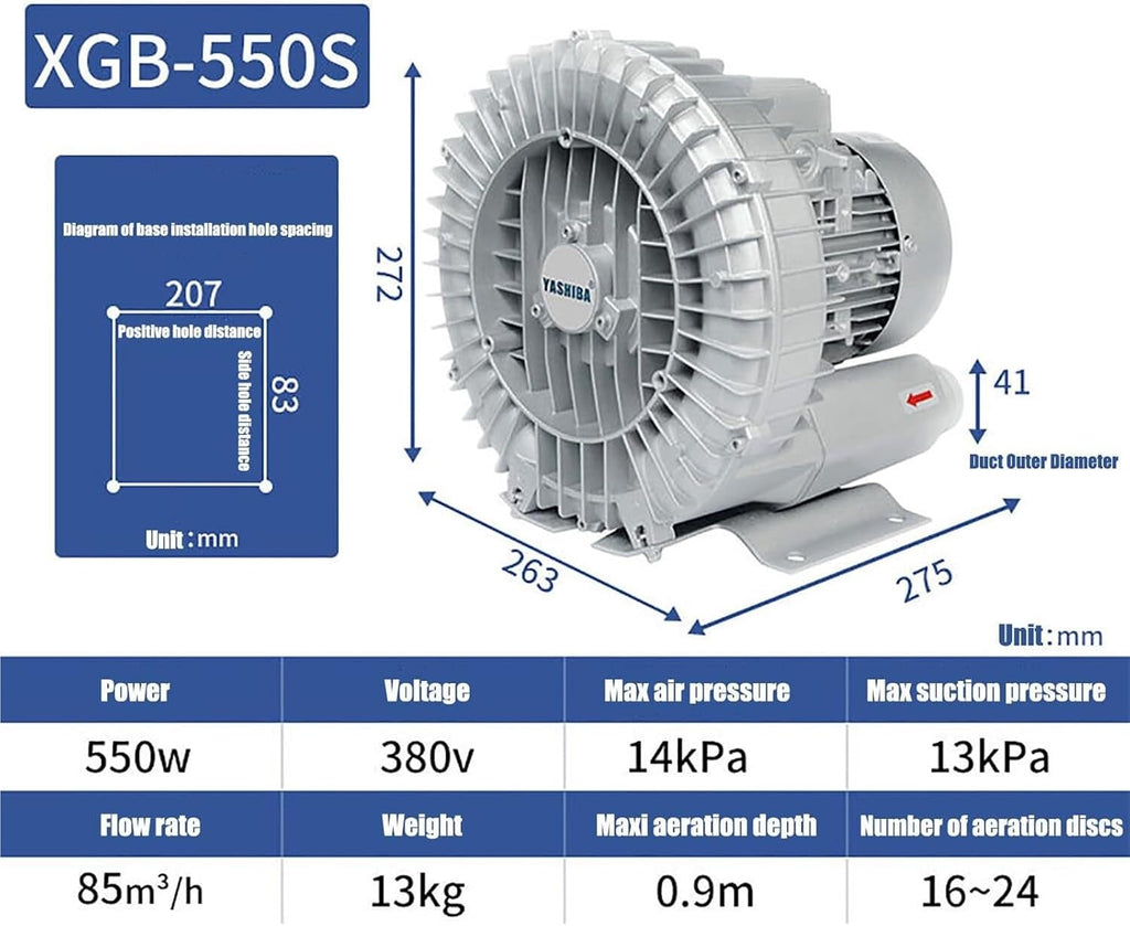 High-Pressure Vortex Ring Blower 480V Three-phase Regenerative Blower for Industrial Construction Textile & Fish Pond Aeration(550w/380v)