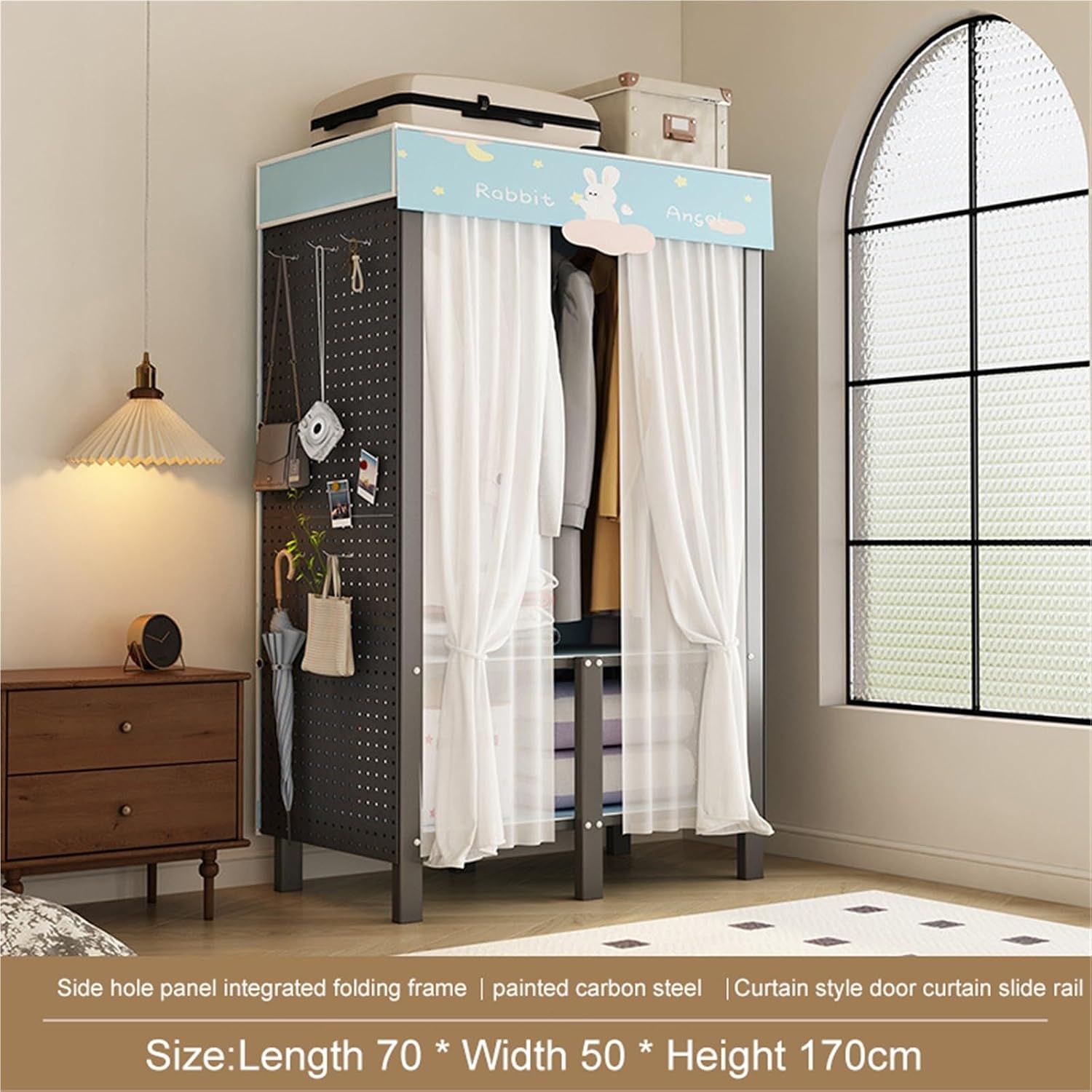 Foldable Wardrobe Closets For Hanging Clothes, Heavy-Duty Freestanding Garment Rack With Cover, Enclosed Metal Armoire, Portable Closet Storage System(70 * 50 * 170cm)
