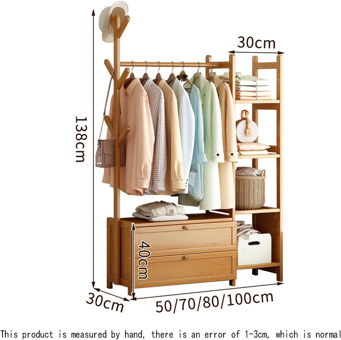 Bamboo Clothes Rack with 2 Storage Shelves and 6 Hooks Portable Extra Large Garment Rack for Bedroom and Living Room Freestanding Clothes Hanger Stand 50x37x146cm