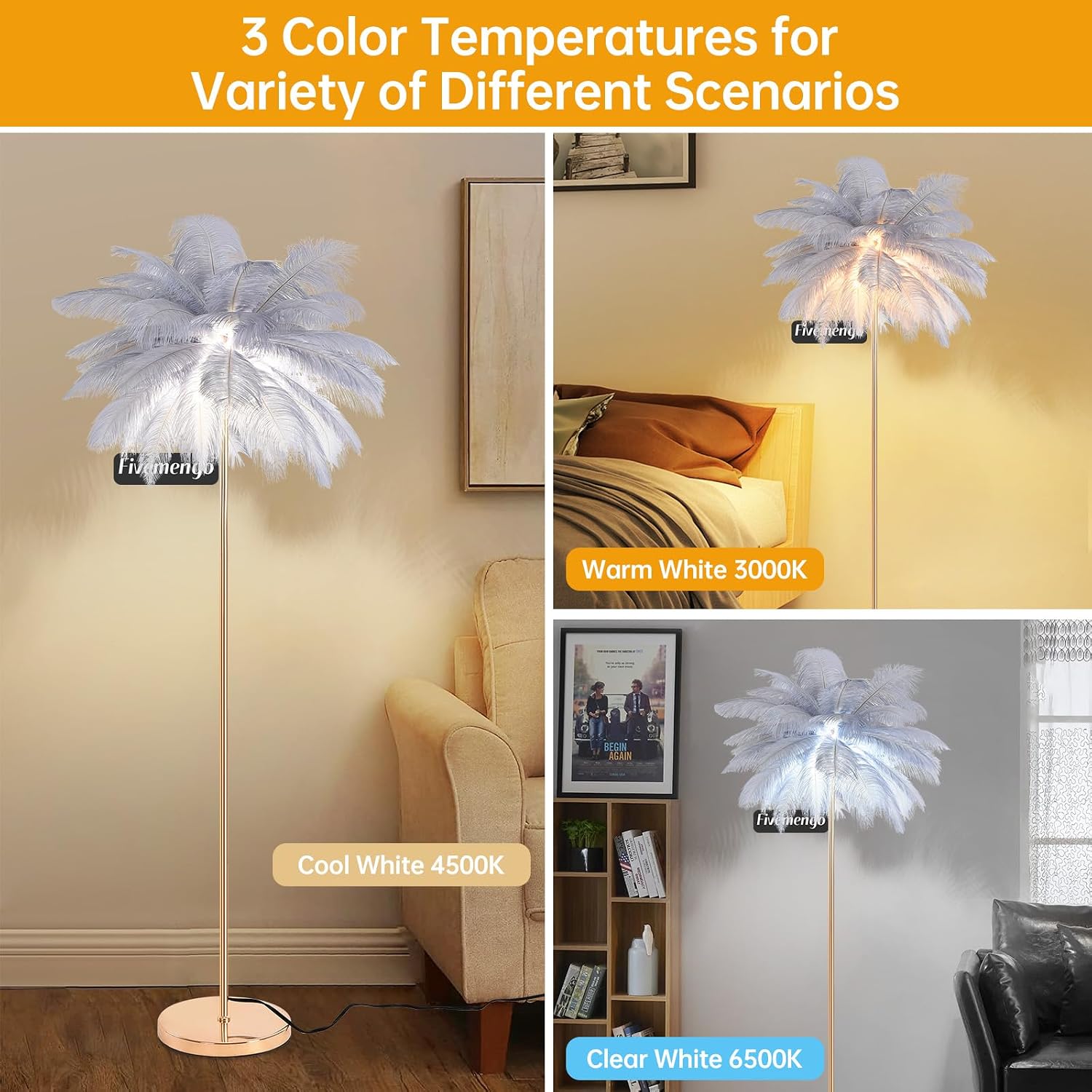 Feather Floor Lamp for Living Room, Fluffy Ostrich Feathers Lamp, Rose Gold Color Body, 3 Color Temperatures Modern Funky Arc Tall Standing Lamp for Bedroom Inclued Bright LED Bulbs (Grey)