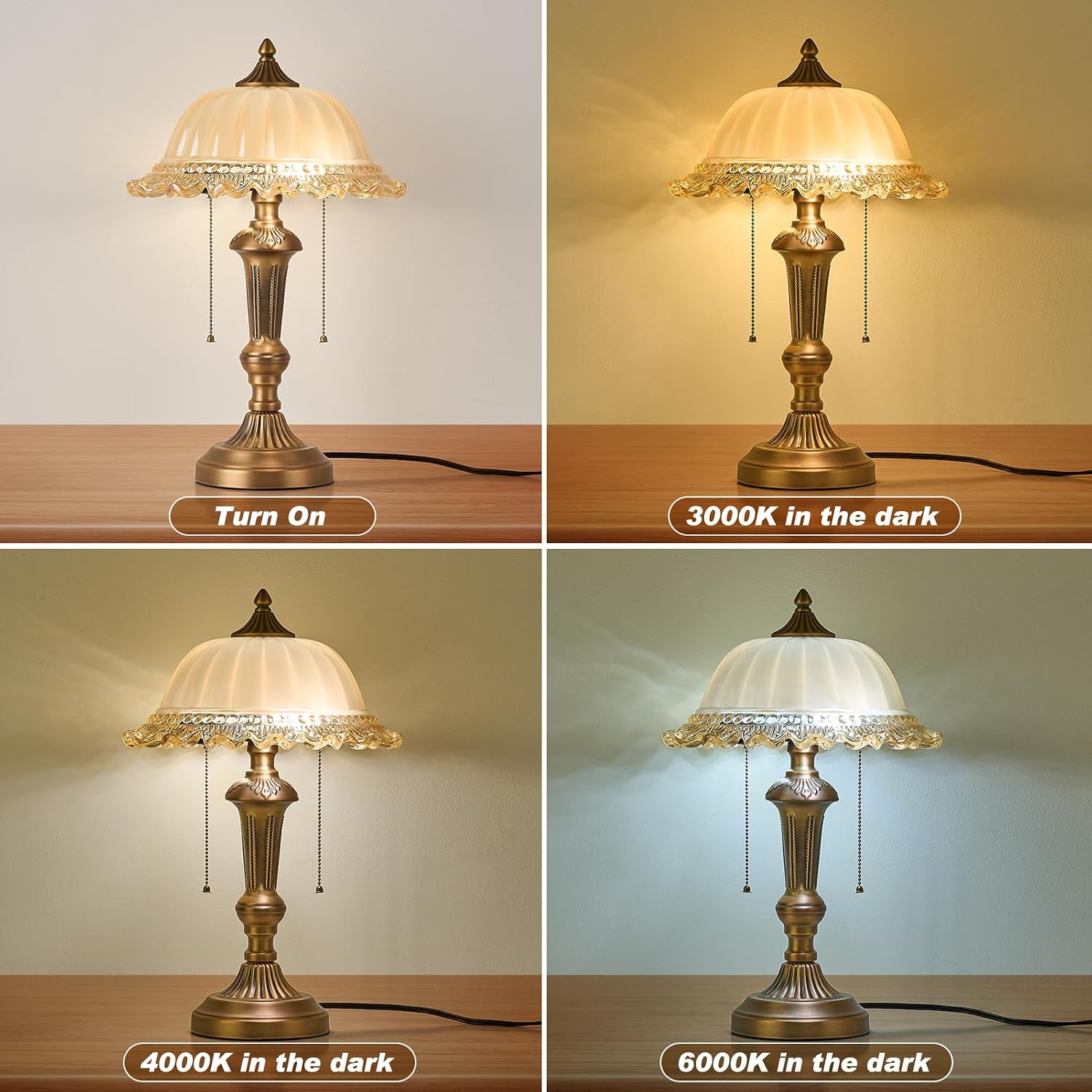HDDFL Glass Shade Table Lamp Vintage Metal Desk Lamp 2 Lights Table Light with Plug Switch for Bedroom Living Room Home Office Brass and Brown