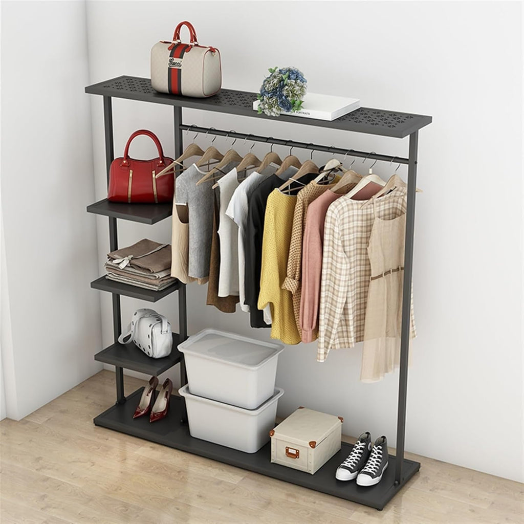 Hangers Display Stand - Garment Rack With Shelf, Metal Clothing Rack Free Standing Closet Organizer With 5 Tier Shelf,Large Clothing Display Stand For Home, Clothing Stores Organizer Shelf(Color:Black