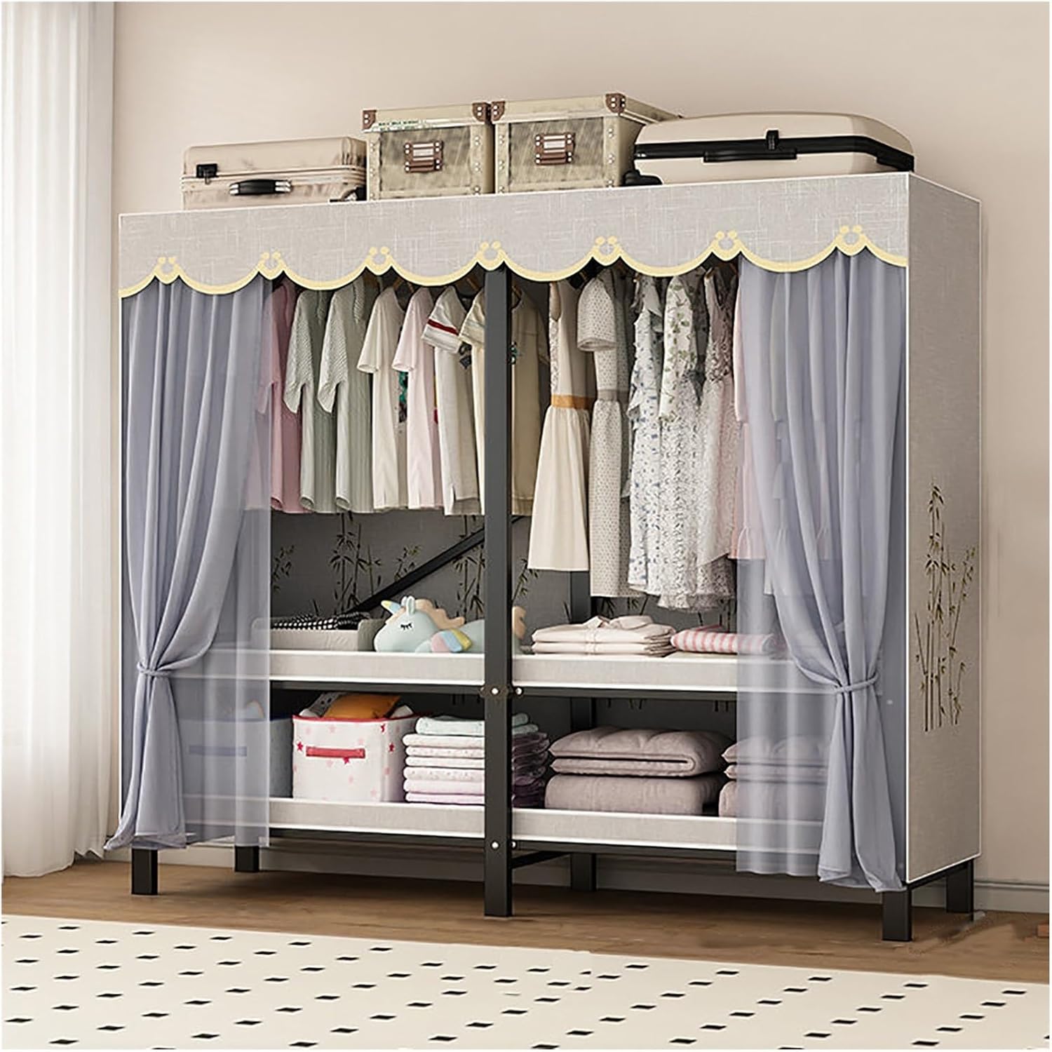 Foldable Garment Rack With Cover, Heavy-Duty Portable Closet With Steel Frame, Large Freestanding Wardrobe For Hanging Clothes And Coat Storage In Bedroom(Purple,96cm/37.8inch)