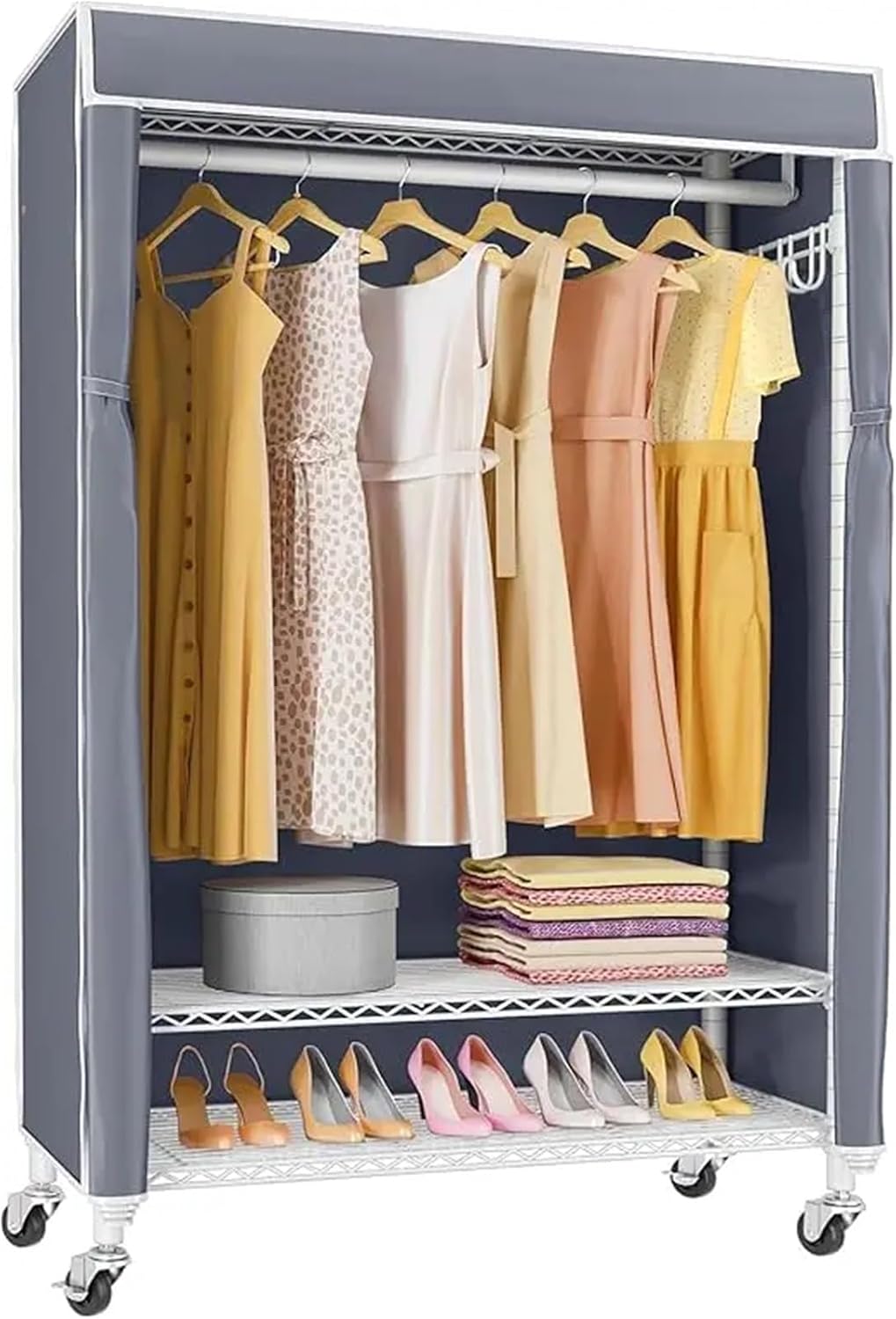 Wardrobe Closet Rolling Clothes Rack with Cover Portable Closet for Hanging, Heavy Duty Garment Freestanding(Color 1)