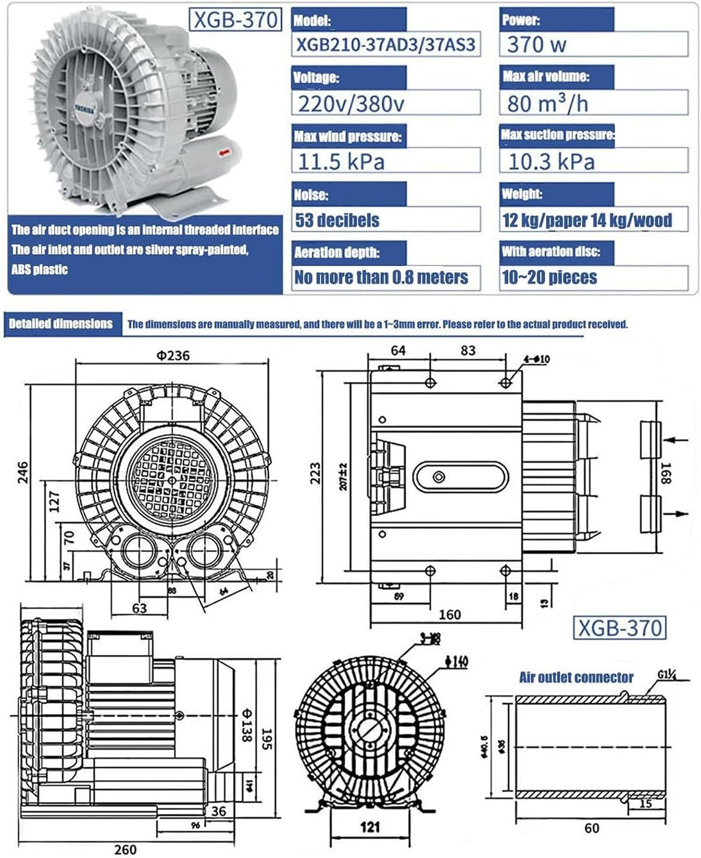 High-Pressure Vortex Ring Blower 480V Three-phase Regenerative Blower for Industrial Construction Textile & Fish Pond Aeration(370w/380v)