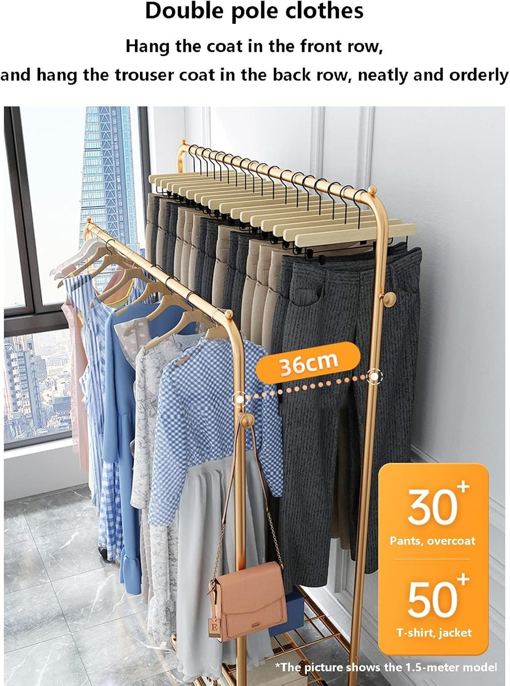 Heavy Duty Double Clothes Rail - Freestanding Garment Hanger with 2-Tier Shelves & 4 Castors - Metal Coat Rack for Dresses, Shirts & Clothing Storage - Versatile Clothing Drye