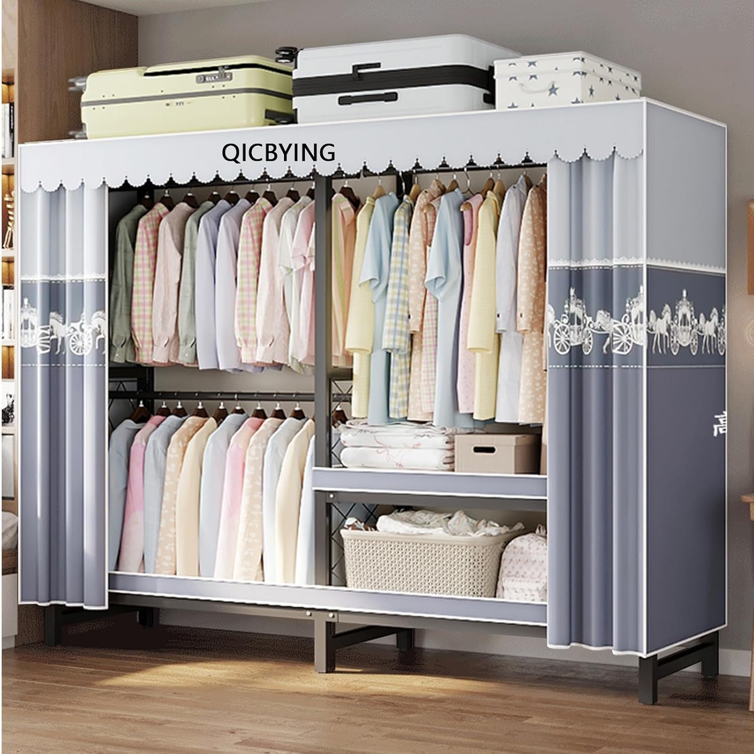 Heavy Duty Rolling Garment Rack With Cover, Foldable Clothing Rack, Portable Freestanding Closets Wardrobe , Metal Armoires, Foldable Portable Closet Wardrobe Rack, Portable Closet With Cover ( Color