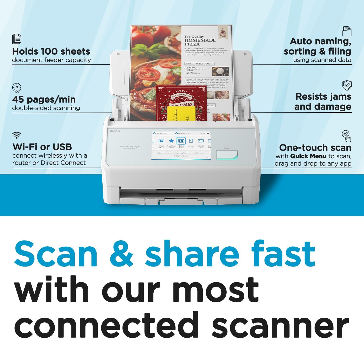 ScanSnap iX2500 Wireless or USB High-Speed Cloud Enabled Document, Photo & Receipt Scanner with Large 5' Touchscreen and 100 Page Auto Document Feeder for Mac or PC, White