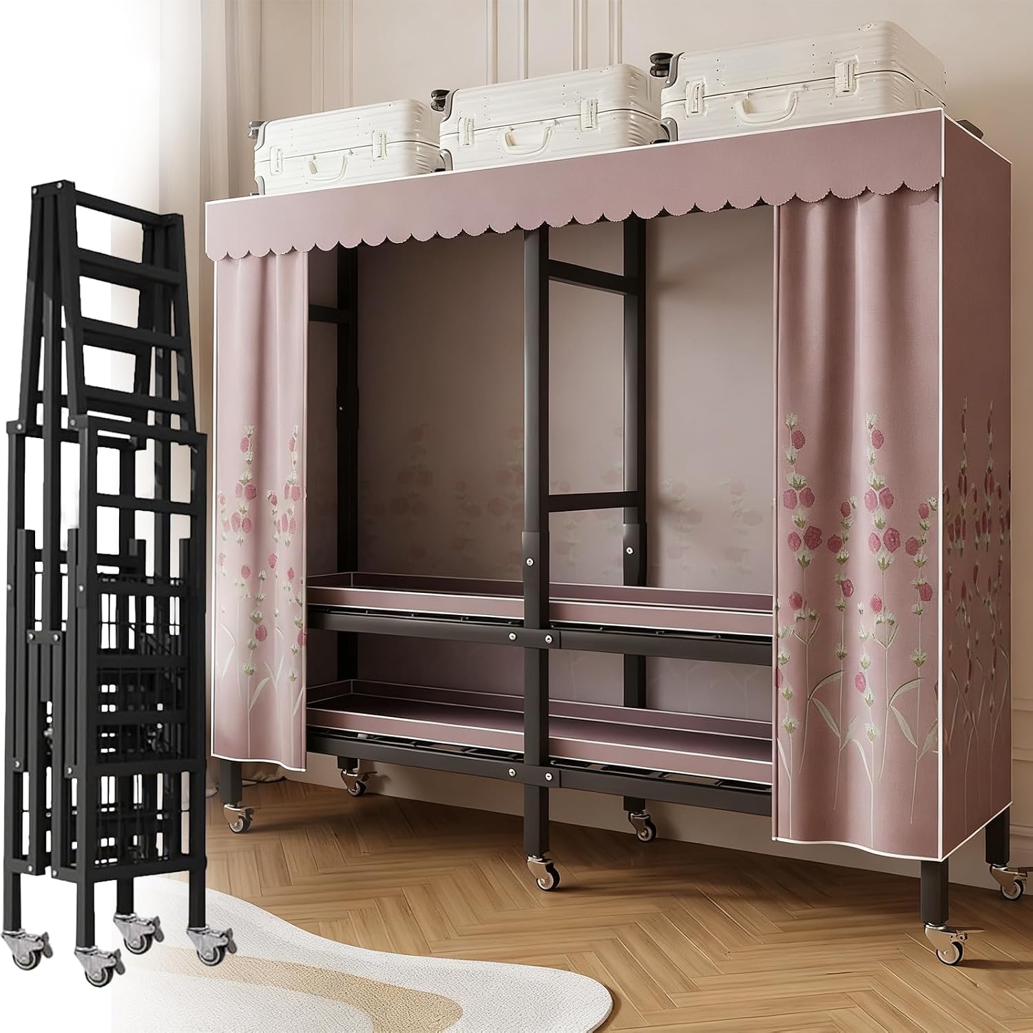 Metal Wardrobe Closet Rack 1500lbs Heavy Duty Foldable Garment Rack with Cover and Wheels Foldable Freestanding Clothes Organizer Enclosed Armoires for Hanging Clothes F 66.9'/170CM (F 59)