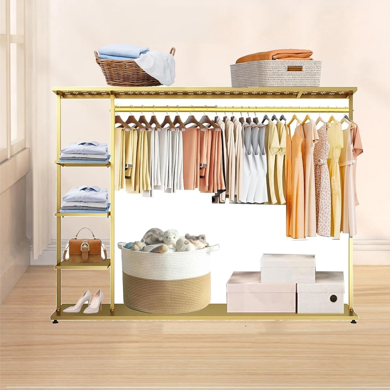 Hangers Display Stand - Garment Rack with Shelf, Metal Clothing Rack Free Standing Closet Organizer with 5 Tier Shelf,Large Clothing Display Stand for Home(One Color-L100cm