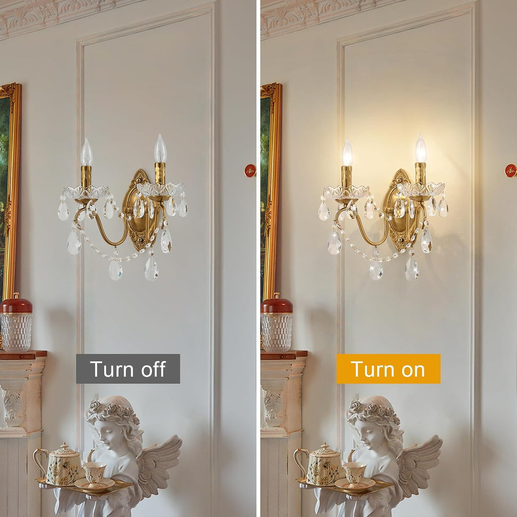 Crystal Wall Sconce Set of 2, Crystal wall sconces, Vintage wall sconces, Gold Brass Finish with Glass Drops, for Bedroom Living Room Bathroom Vanity Mirror Light Fixtures
