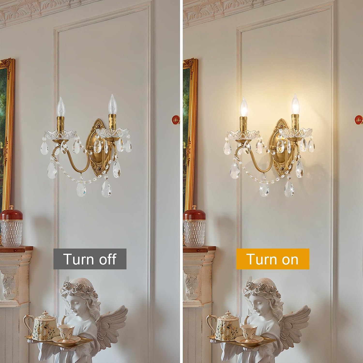 Crystal Wall Sconce Set of 2, Crystal wall sconces, Vintage wall sconces, Gold Brass Finish with Glass Drops, for Bedroom Living Room Bathroom Vanity Mirror Light Fixtures